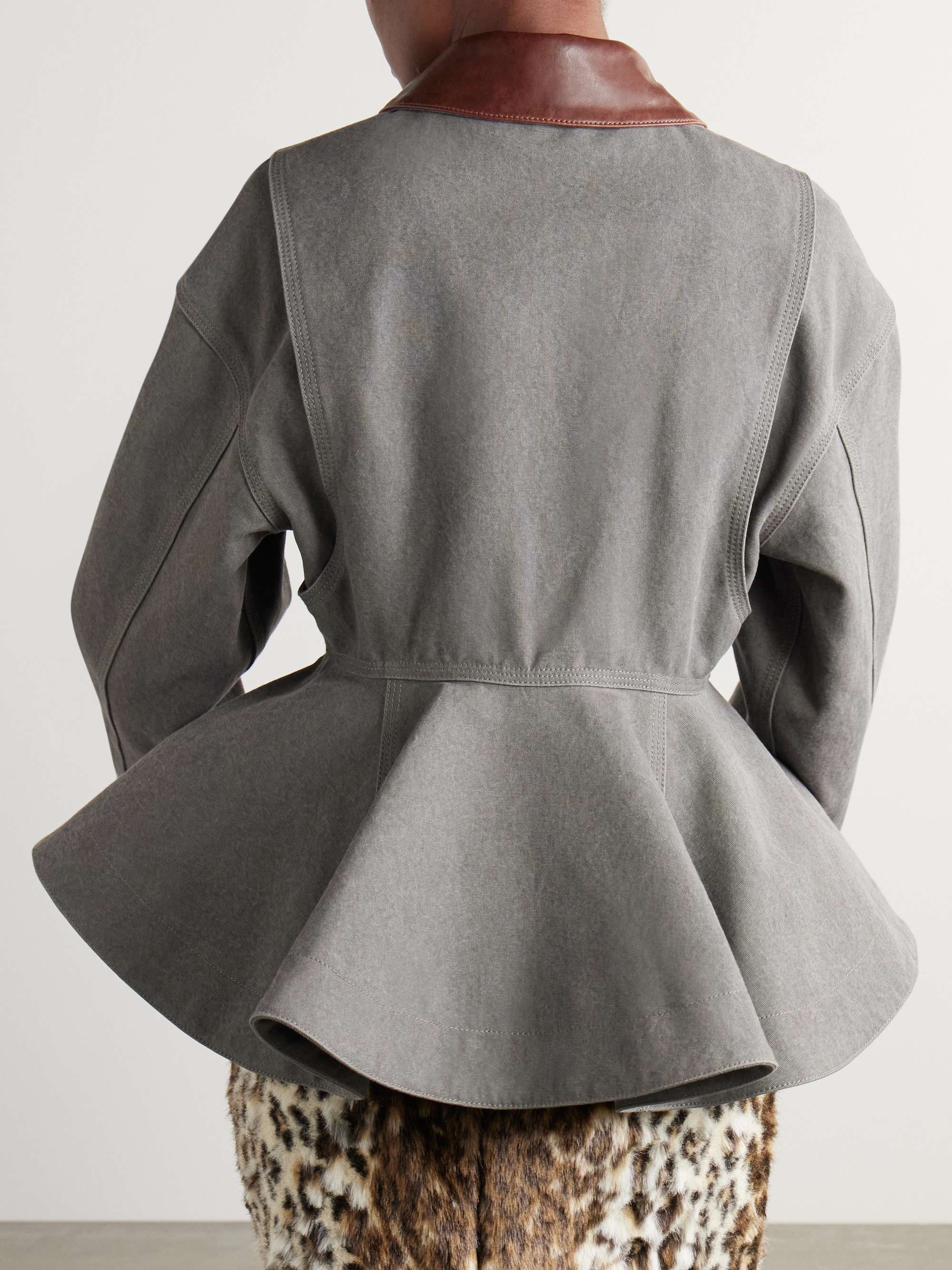 Paneled leather-trimmed cotton-canvas peplum jacket view