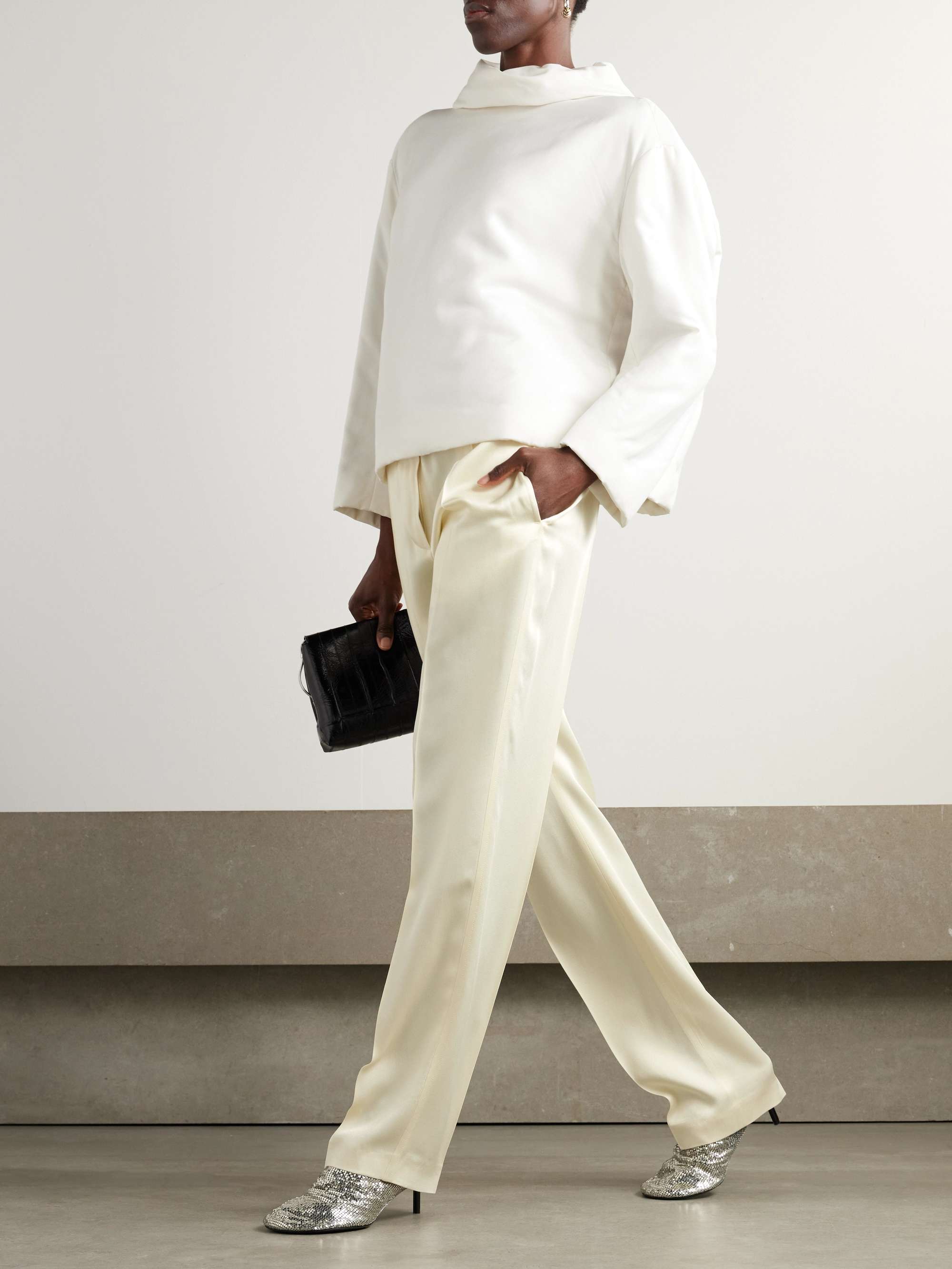 Pleated satin straight-leg pants view