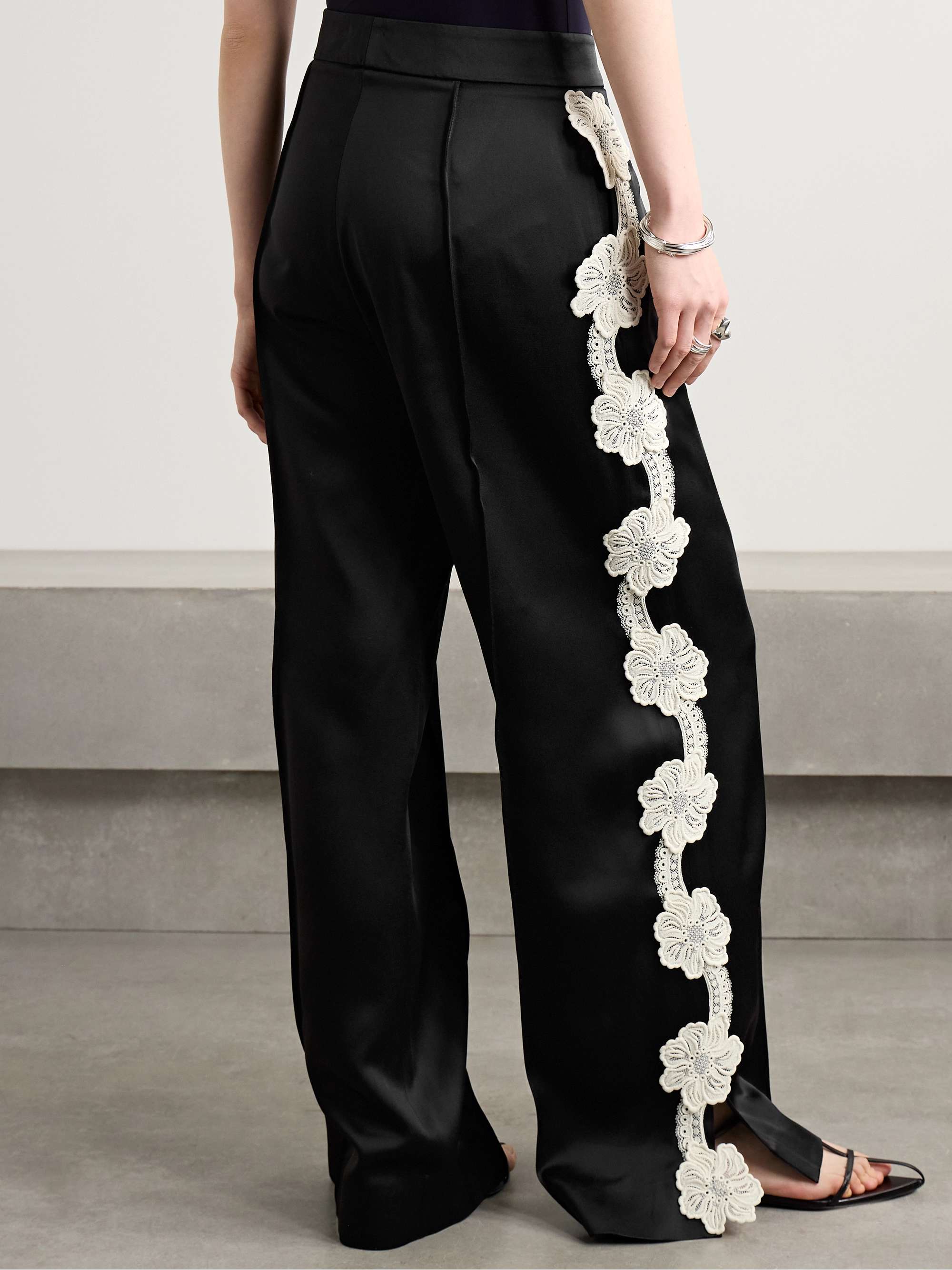Guipure lace-trimmed satin wide-leg pants view
