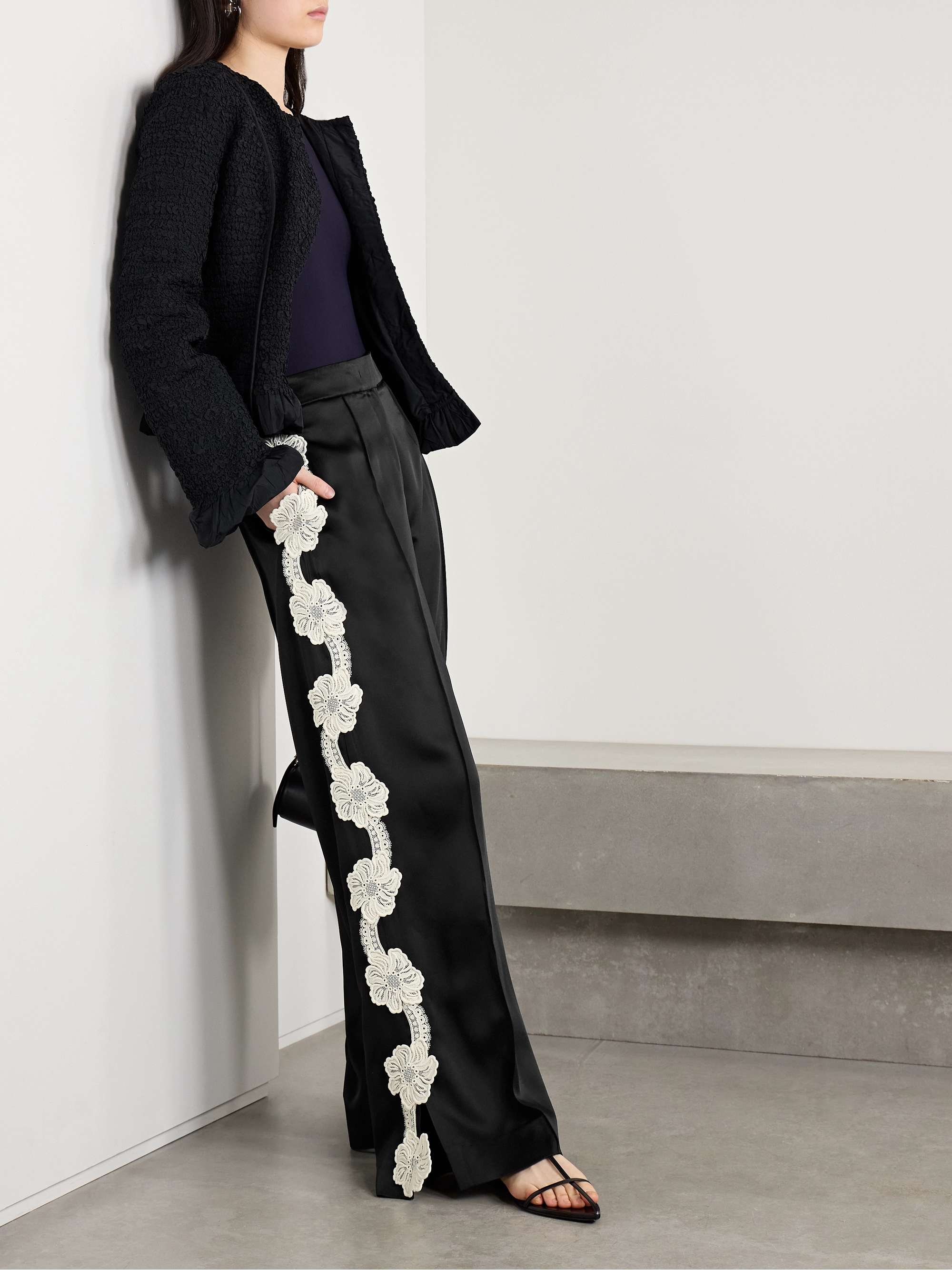 Guipure lace-trimmed satin wide-leg pants view
