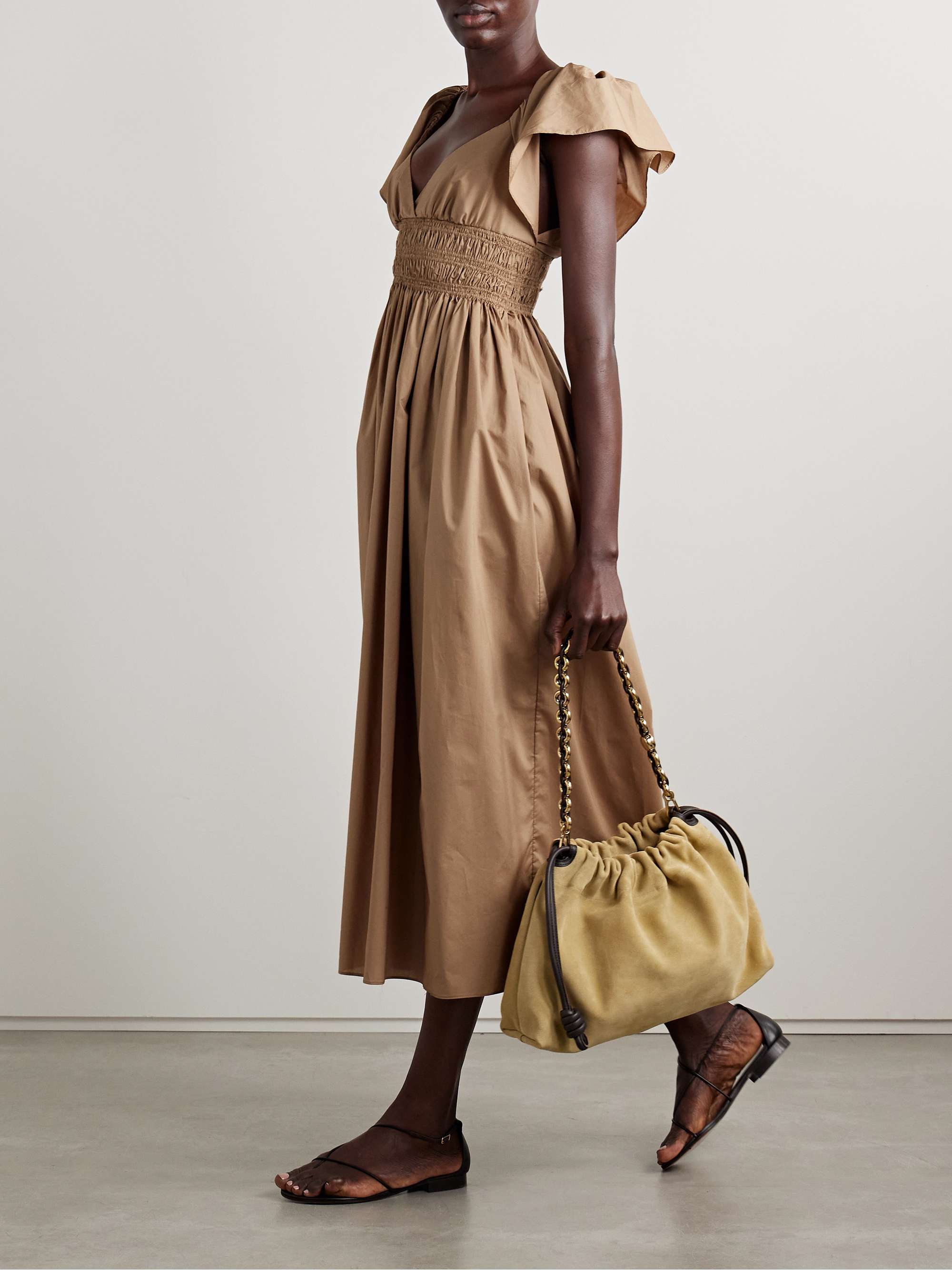 Shirred organic cotton-poplin midi dress view