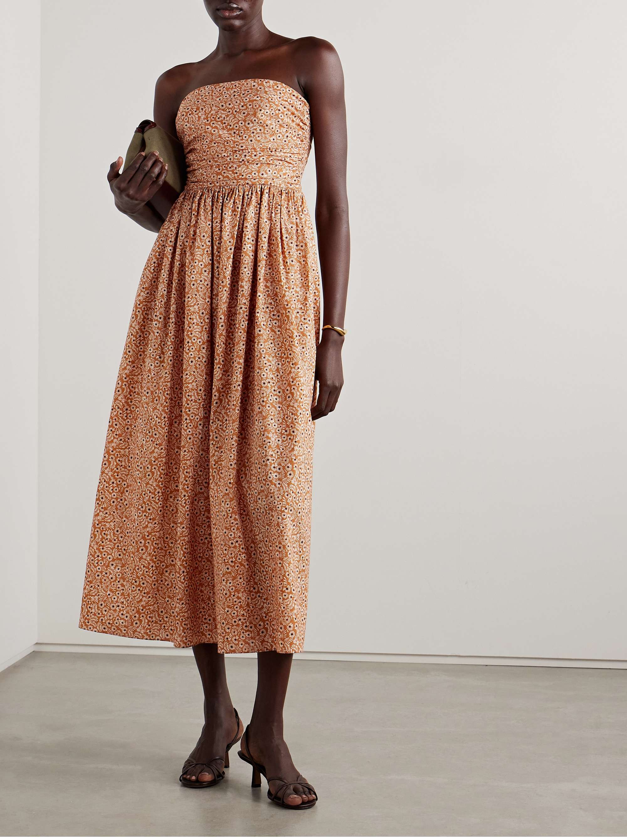 Strapless floral-print gathered organic cotton-poplin midi dress view