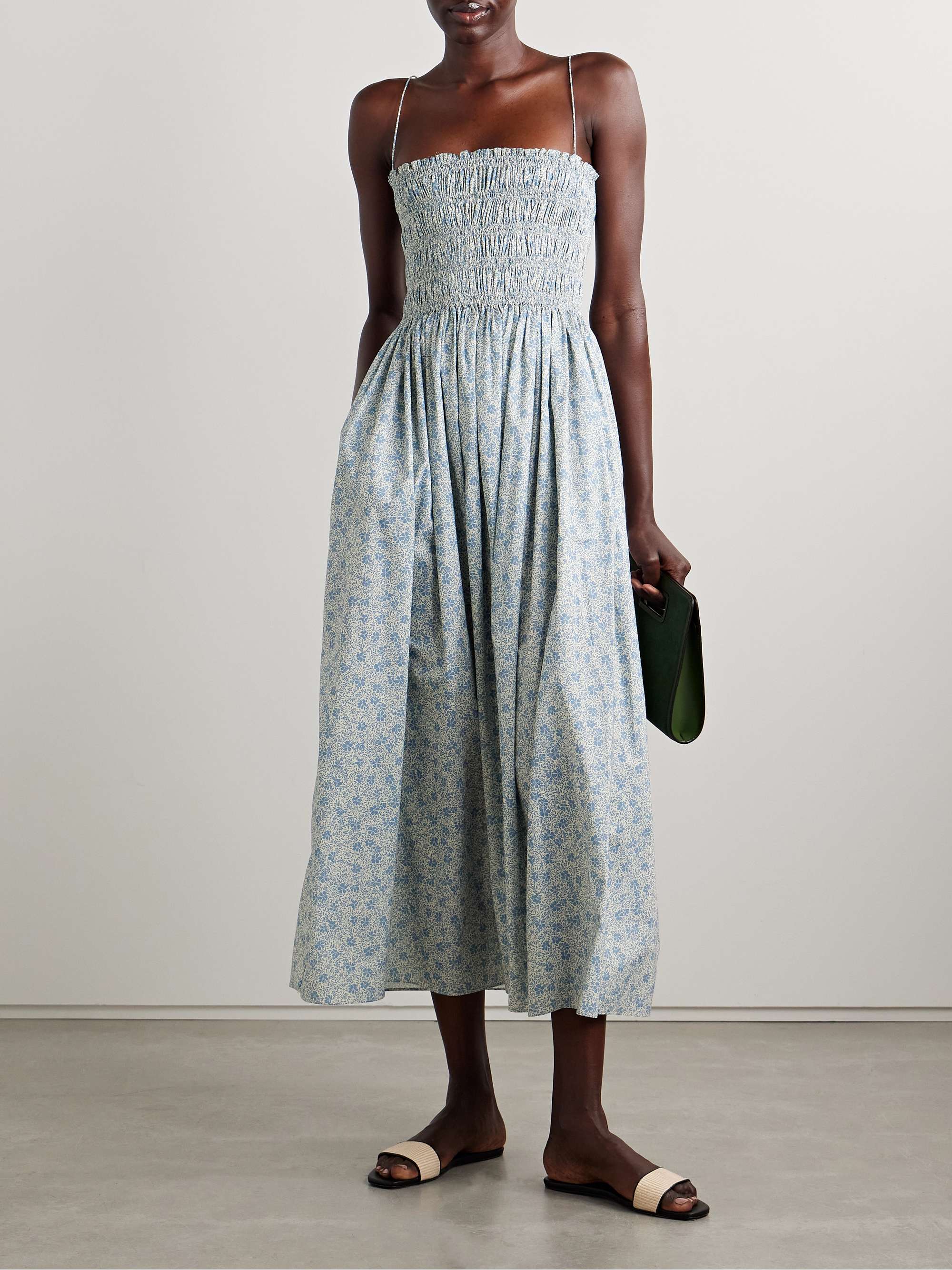Floral-print shirred organic cotton-poplin midi dress view