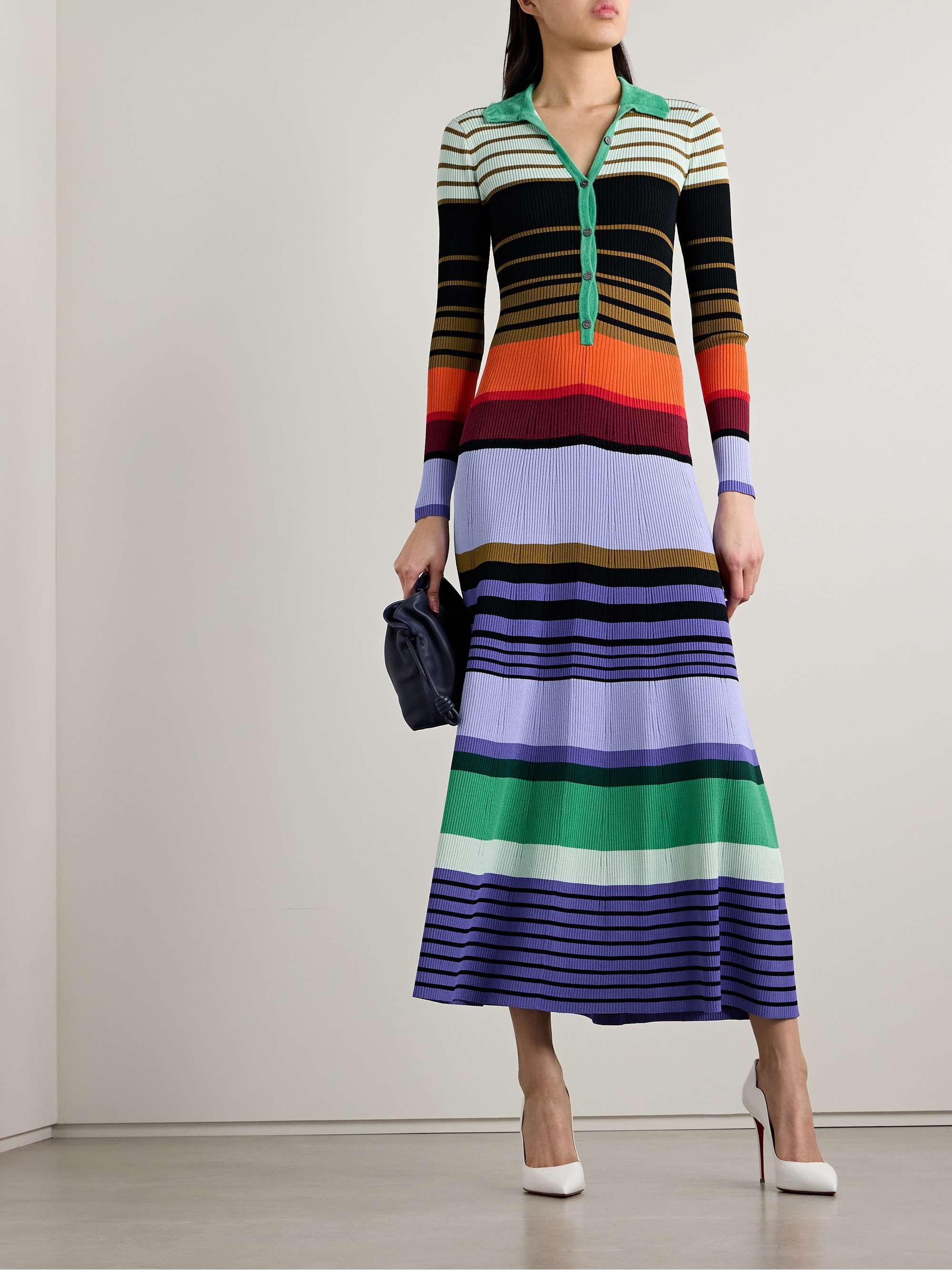 Chenille-trimmed striped ribbed-knit midi dress view