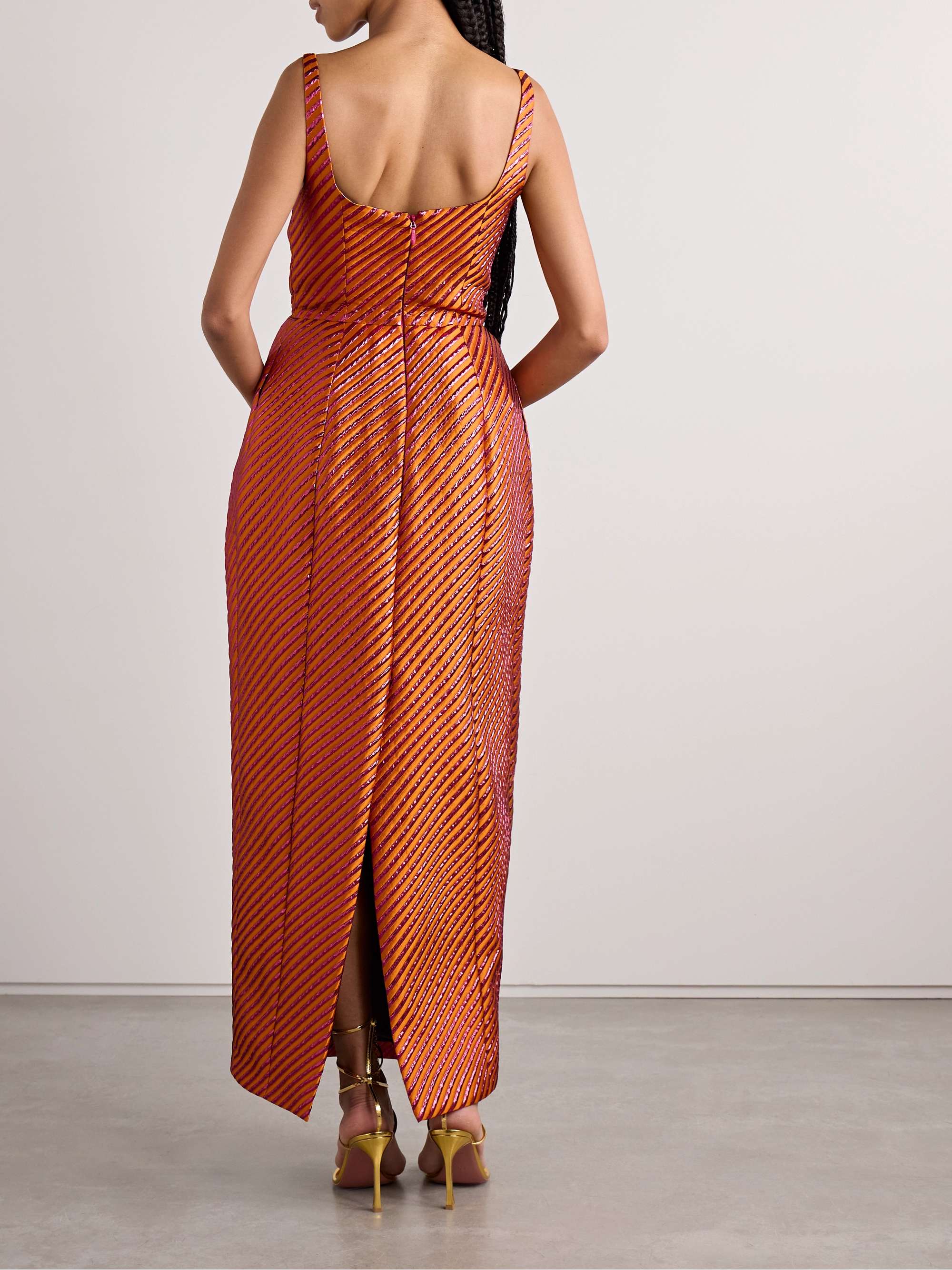 Pleated striped metallic jacquard maxi dress view