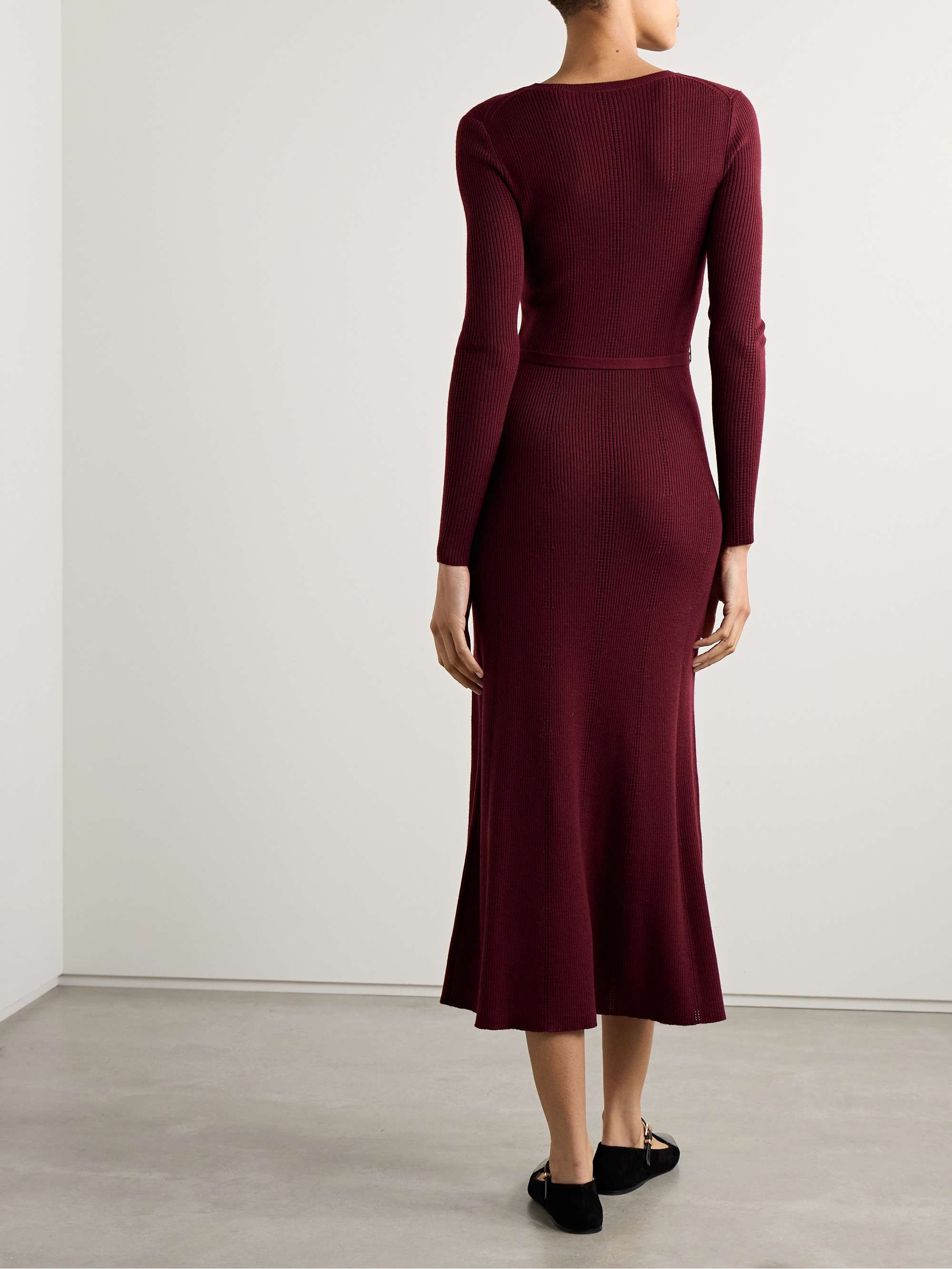 Imagene belted ribbed pointelle-knit wool midi dress view