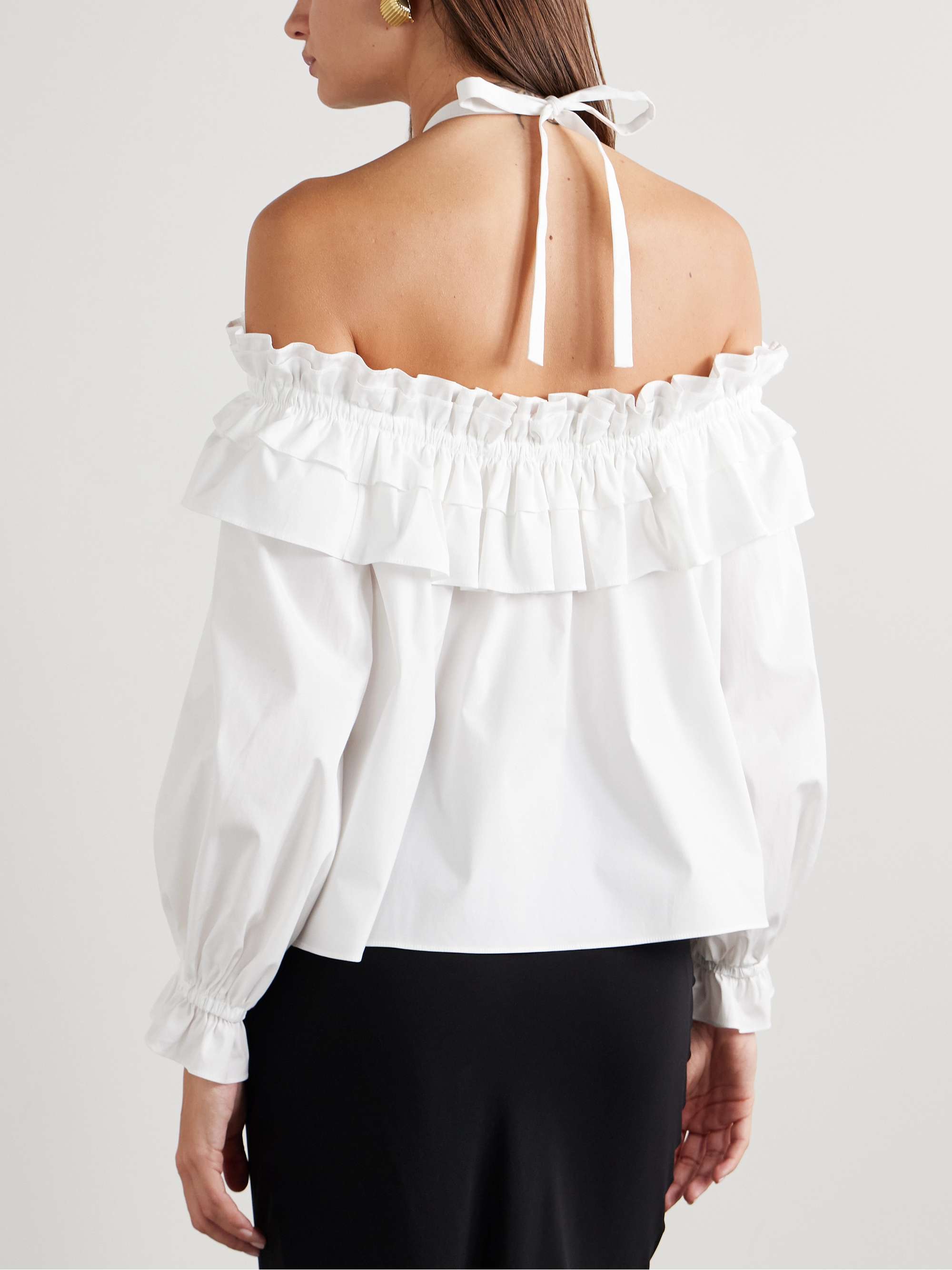 Off-the-shoulder ruffled appliquéd cotton-blend poplin halterneck blouse view