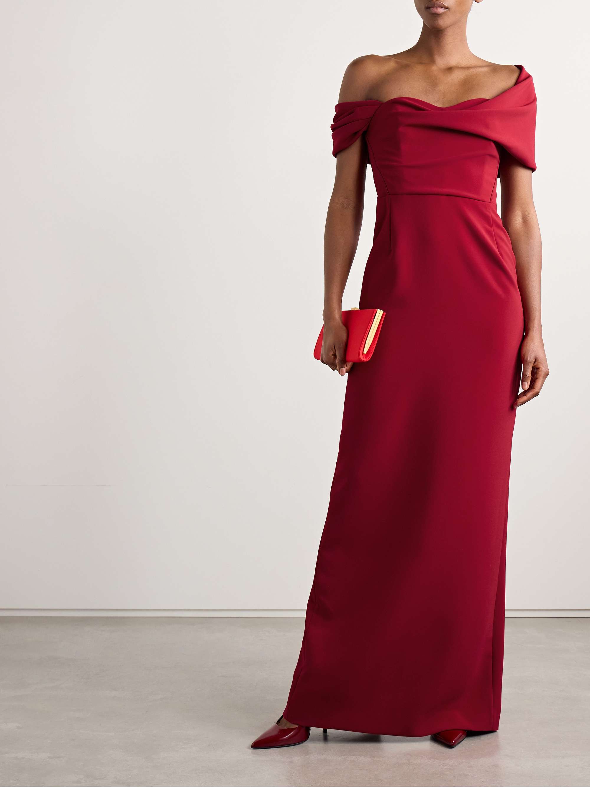 Off-the-shoulder draped crepe gown view