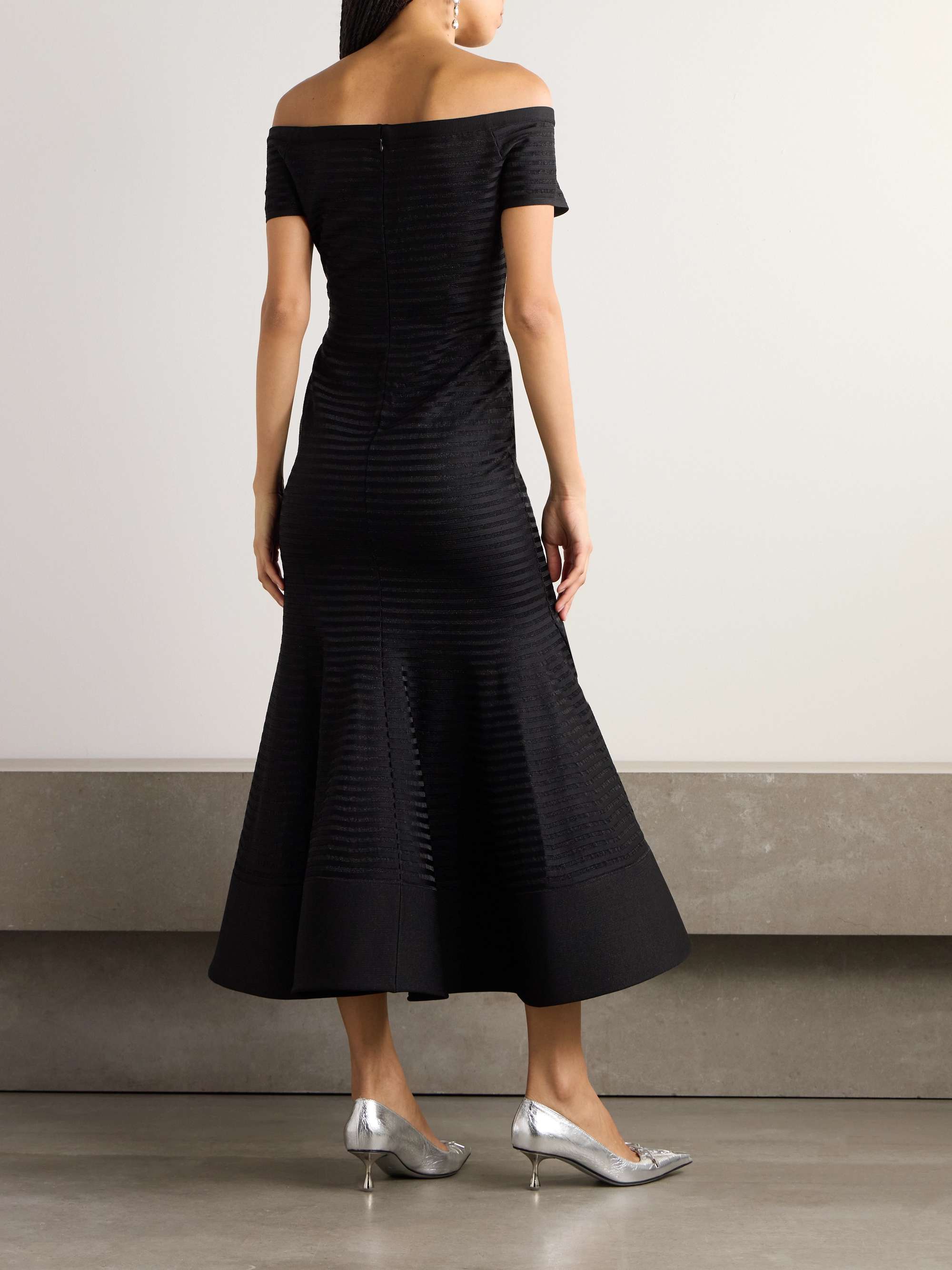 Off-the-shoulder striped metallic knitted midi dress view