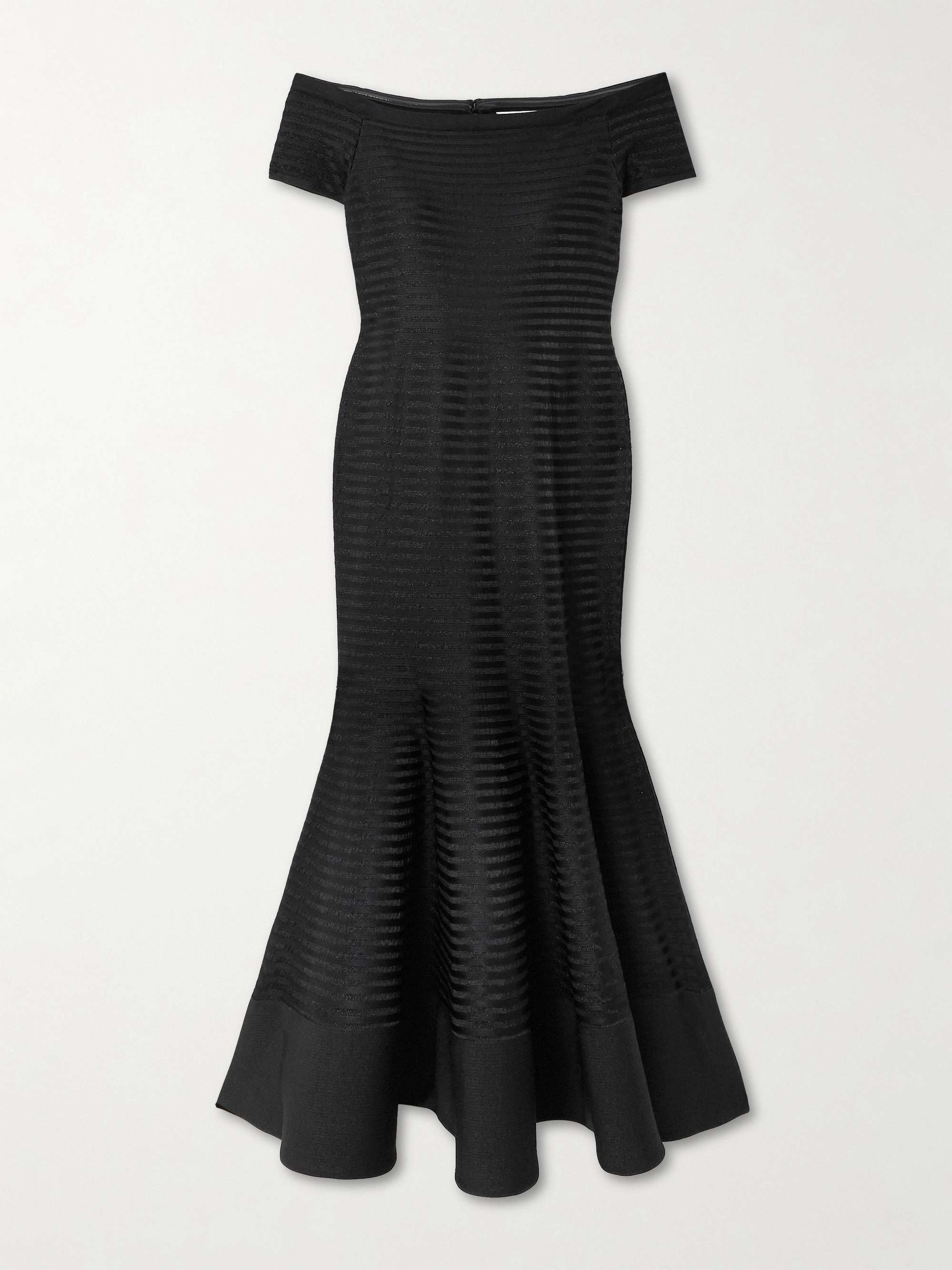 Off-the-shoulder striped metallic knitted midi dress view
