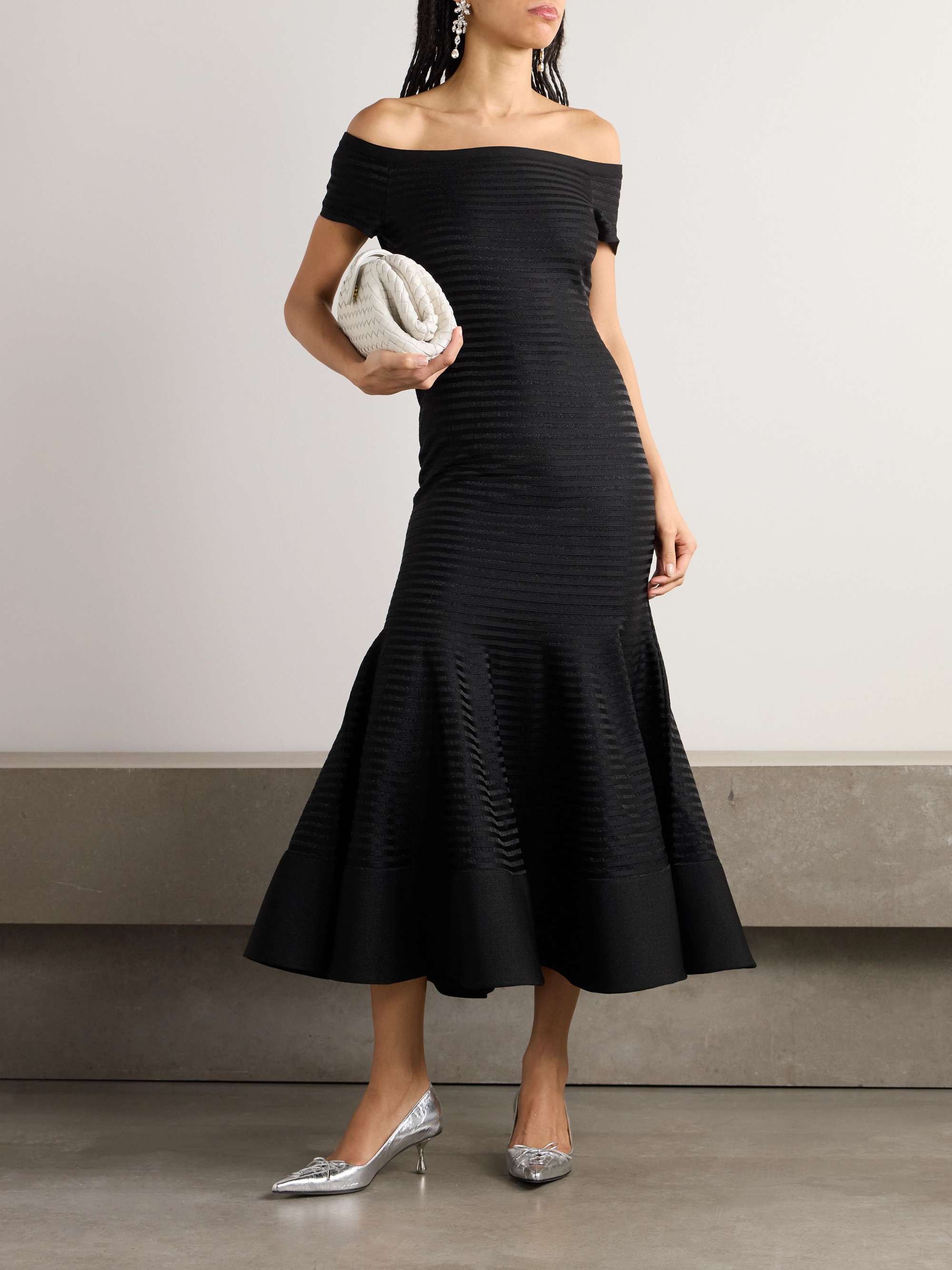 Off-the-shoulder striped metallic knitted midi dress view