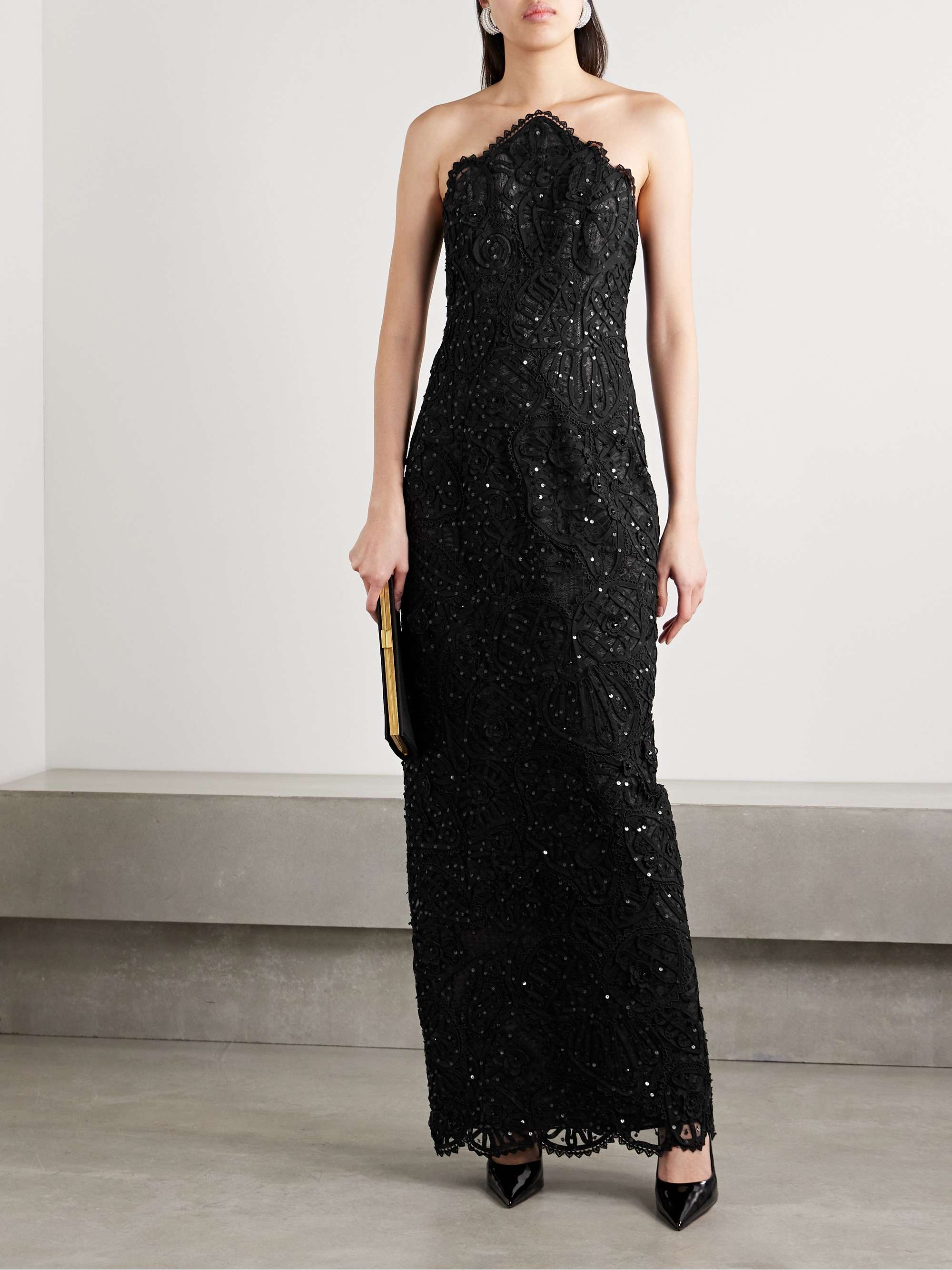 Strapless embellished lace-trimmed crepe and tulle gown view