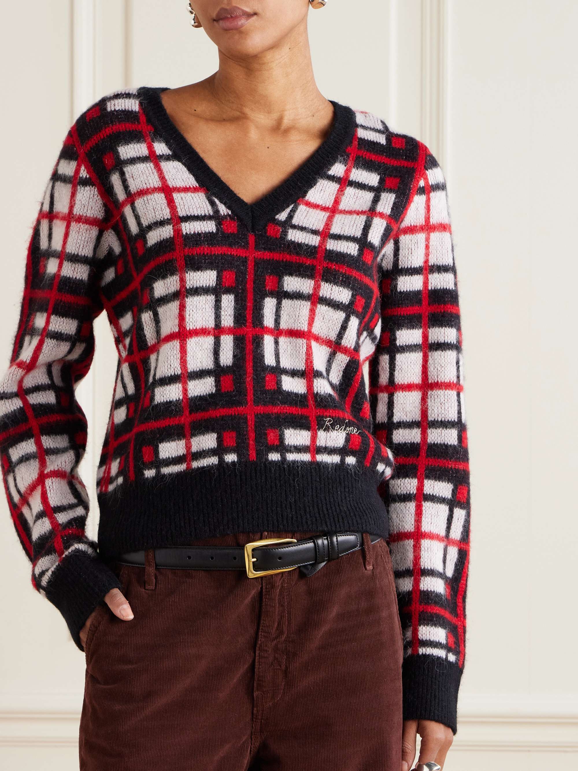 Embroidered checked jacquard-knit sweater view