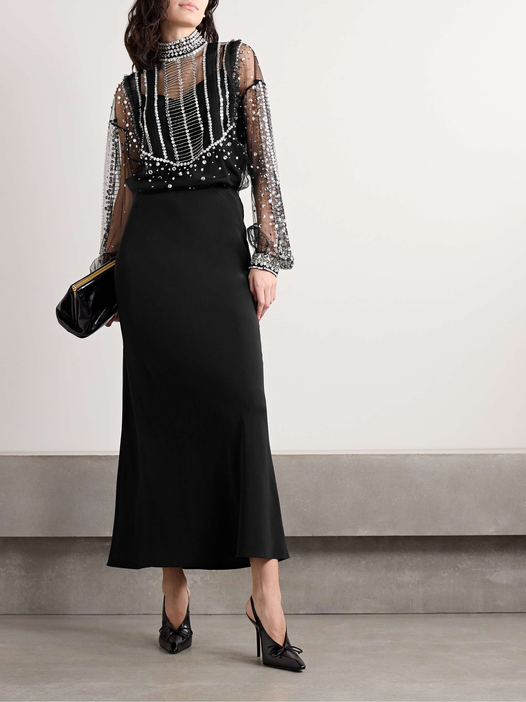 Embellished pintucked tulle turtleneck blouse view