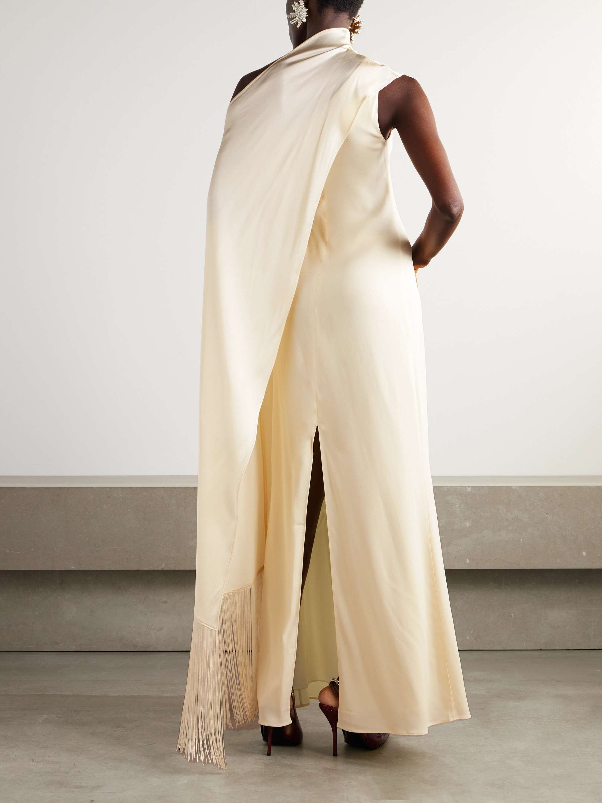 Berenson draped one-shoulder fringed crepe gown view