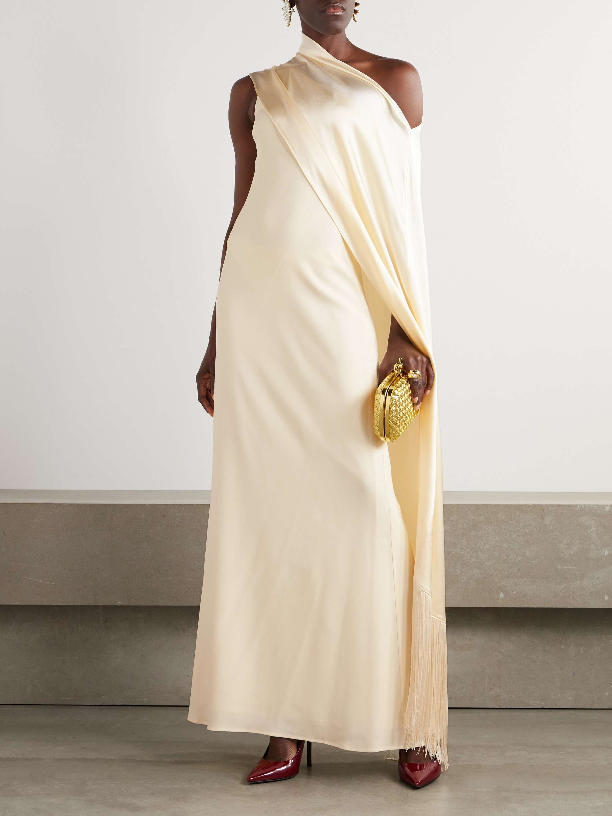 Berenson draped one-shoulder fringed crepe gown view