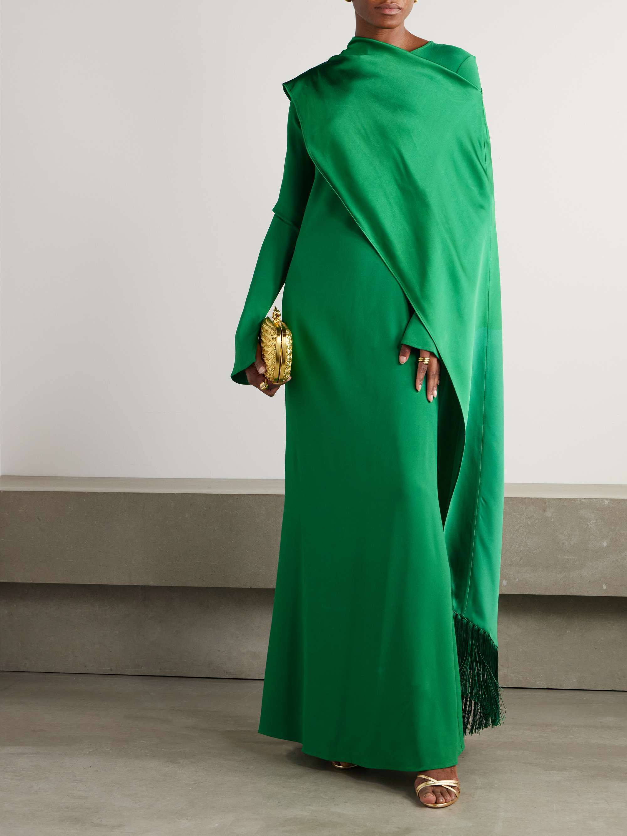 Mounia wrap-effect fringed crepe gown view