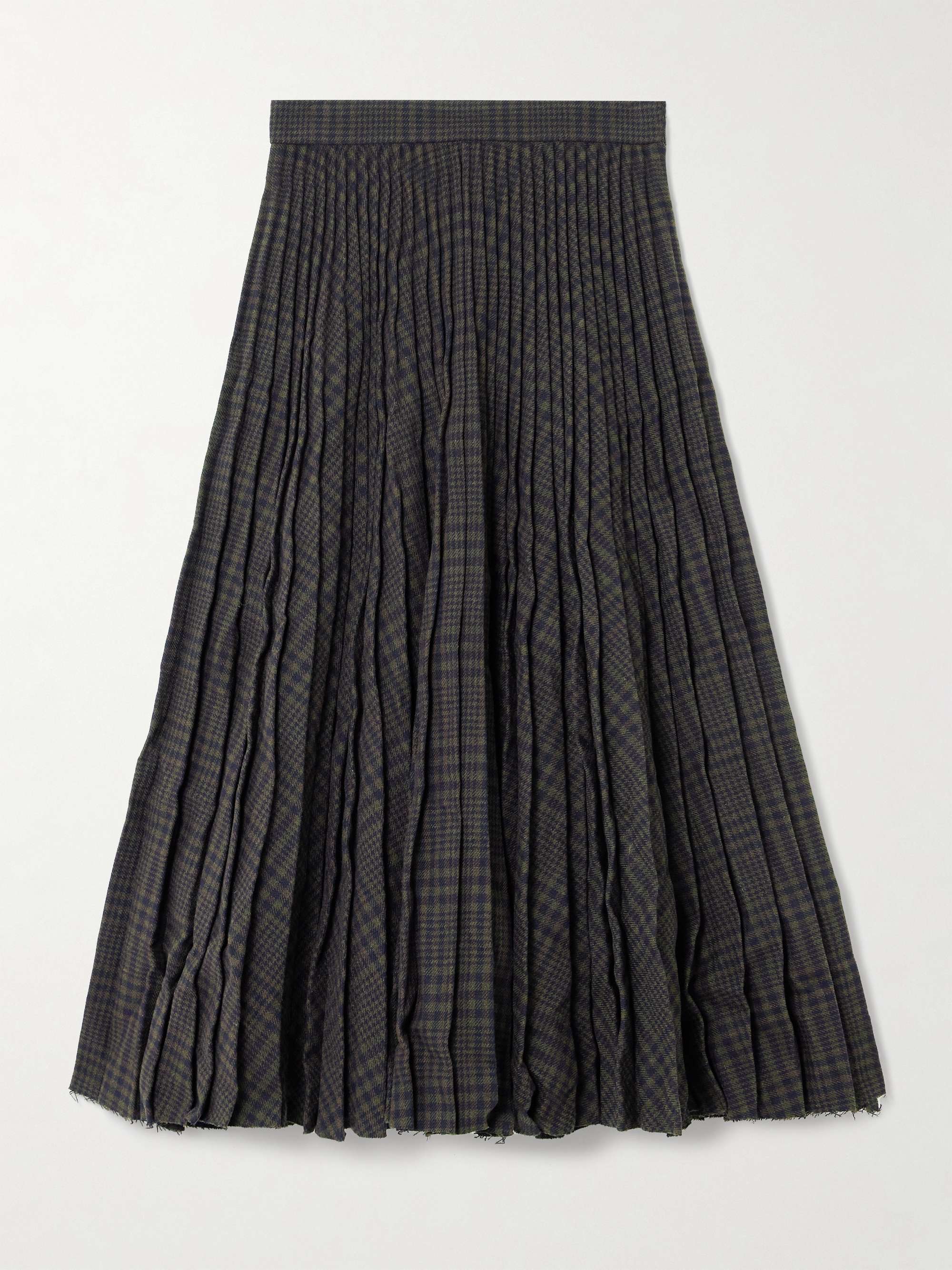 Pleated checked crinkled wool-blend midi skirt view