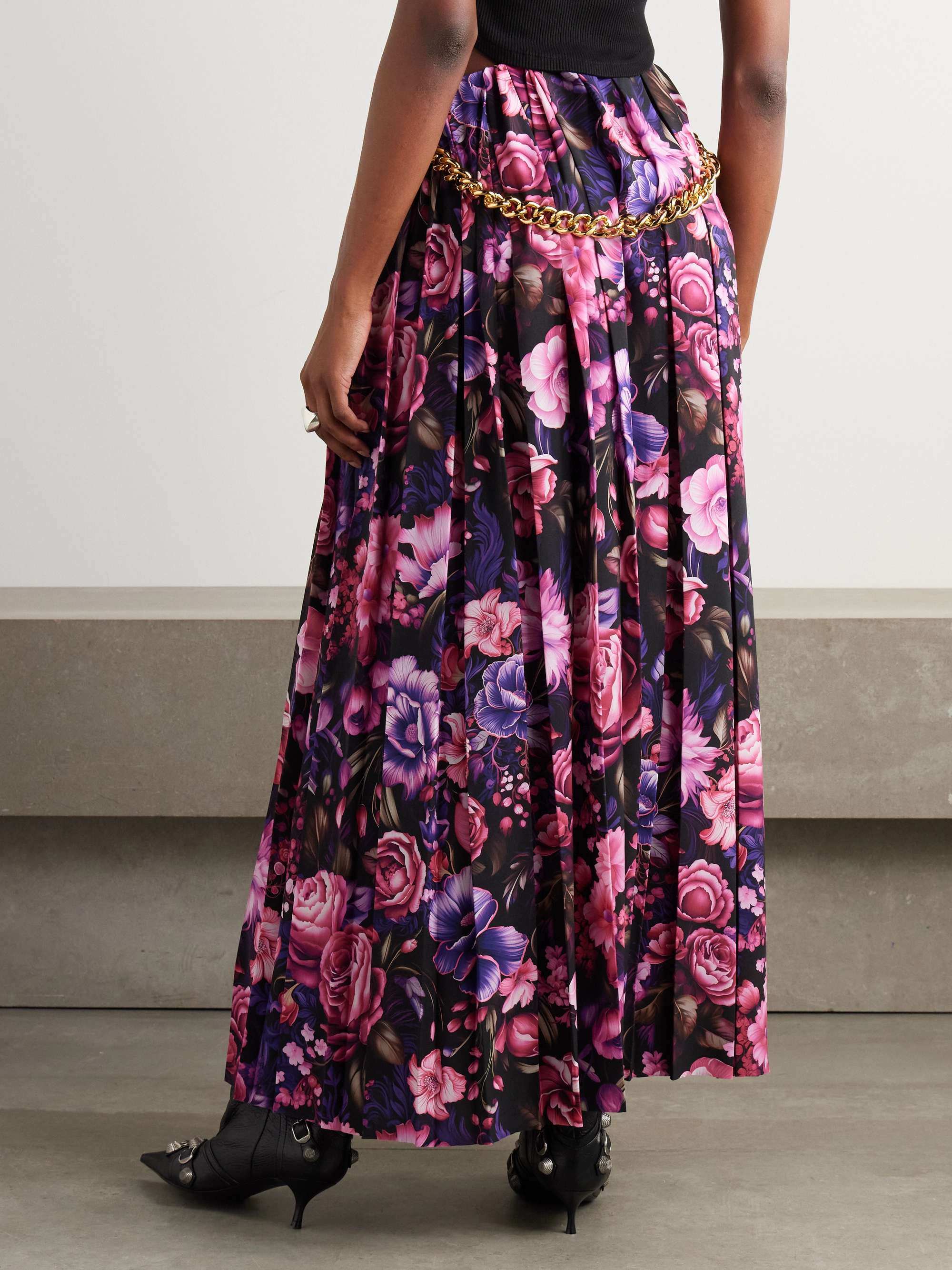 Chain-embellished pleated floral-print crepe maxi skirt view