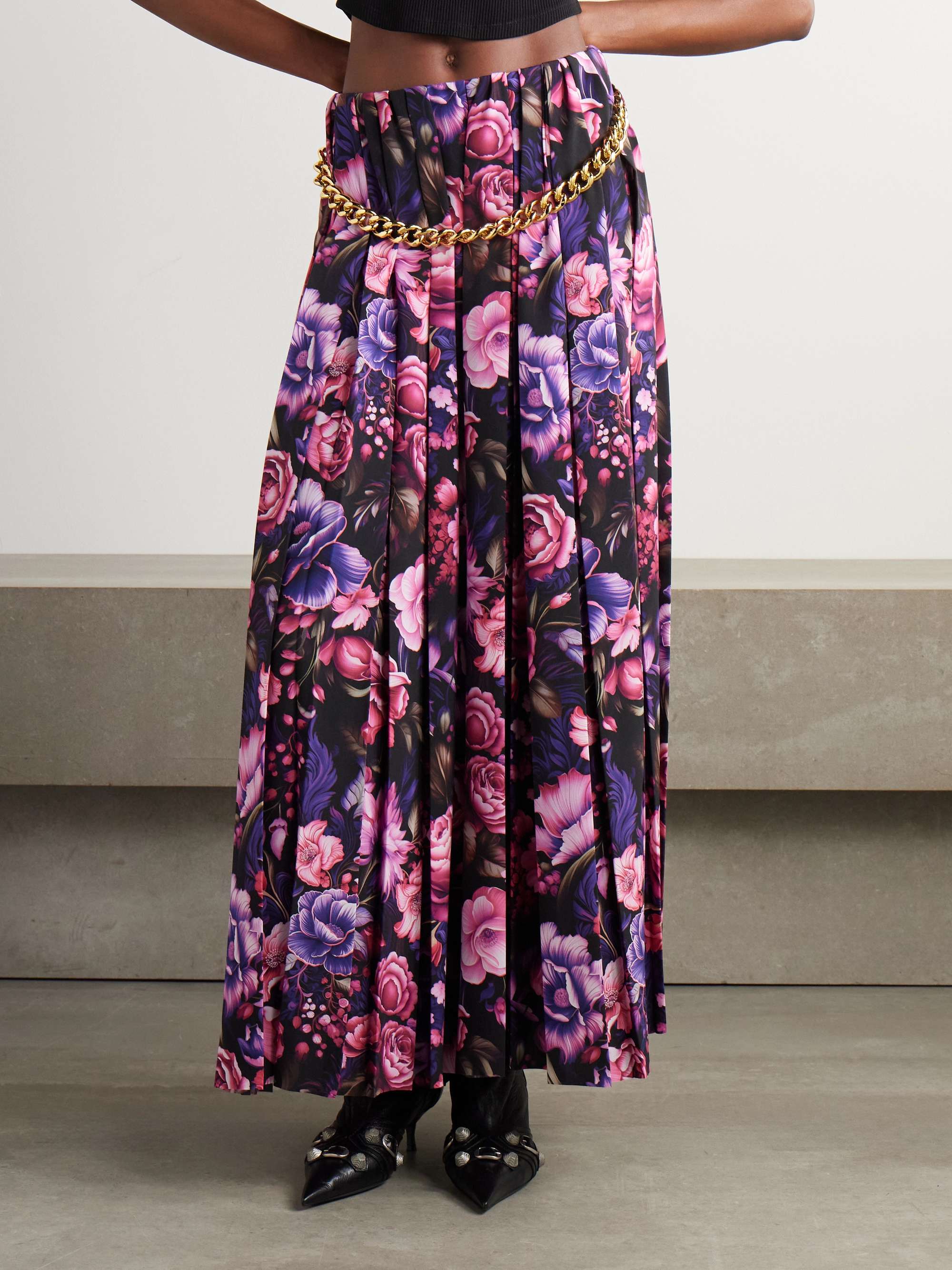 Chain-embellished pleated floral-print crepe maxi skirt view