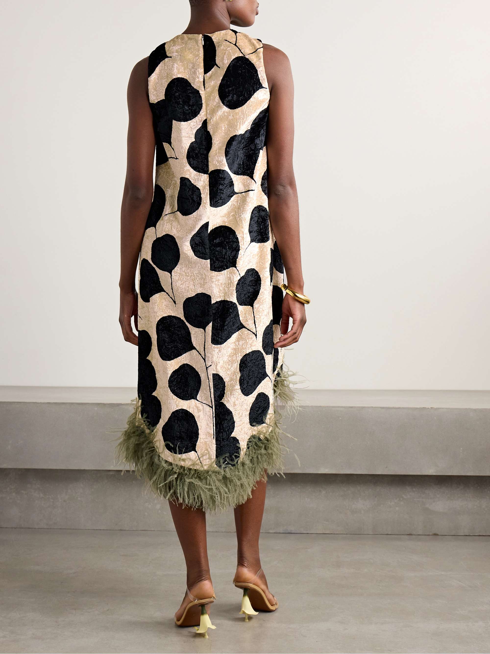 La Scala asymmetric feather-trimmed floral-print crushed-velvet dress view