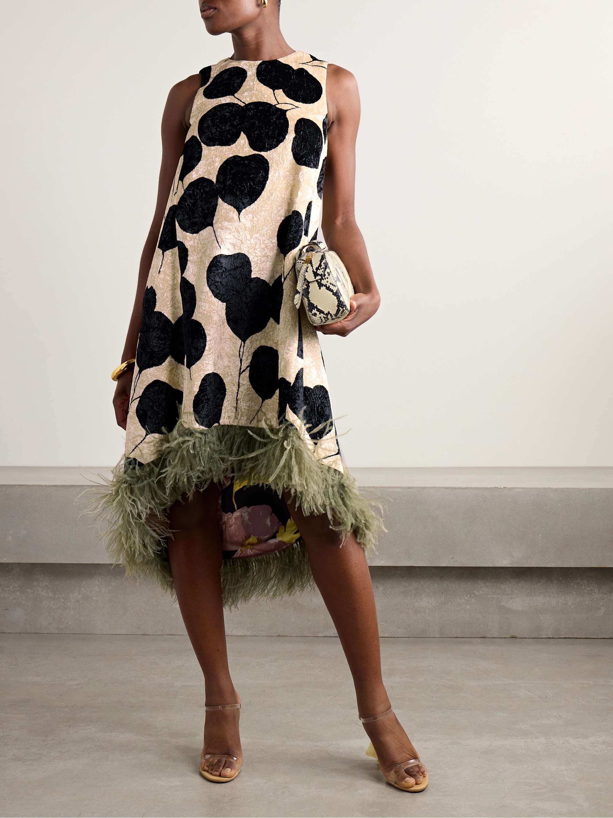 La Scala asymmetric feather-trimmed floral-print crushed-velvet dress view