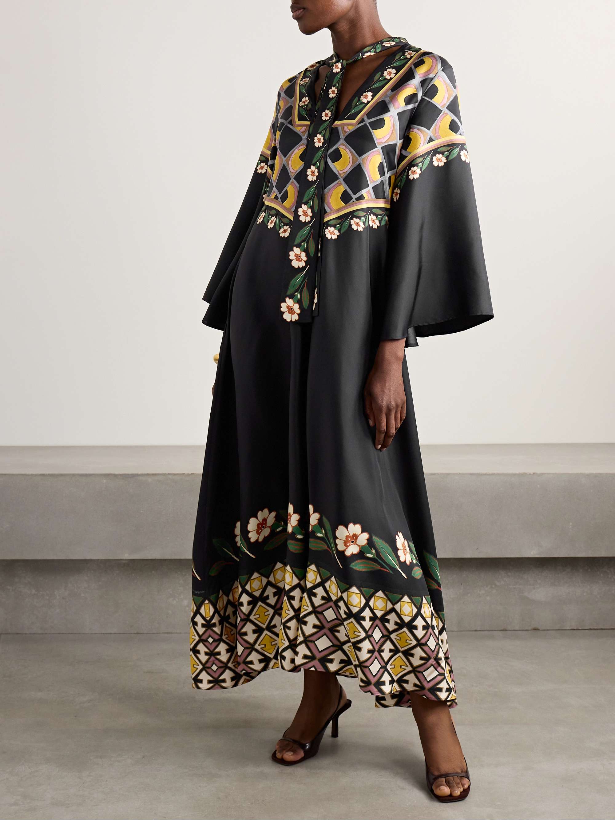 Magnifico tie-neck printed silk-twill maxi dress view