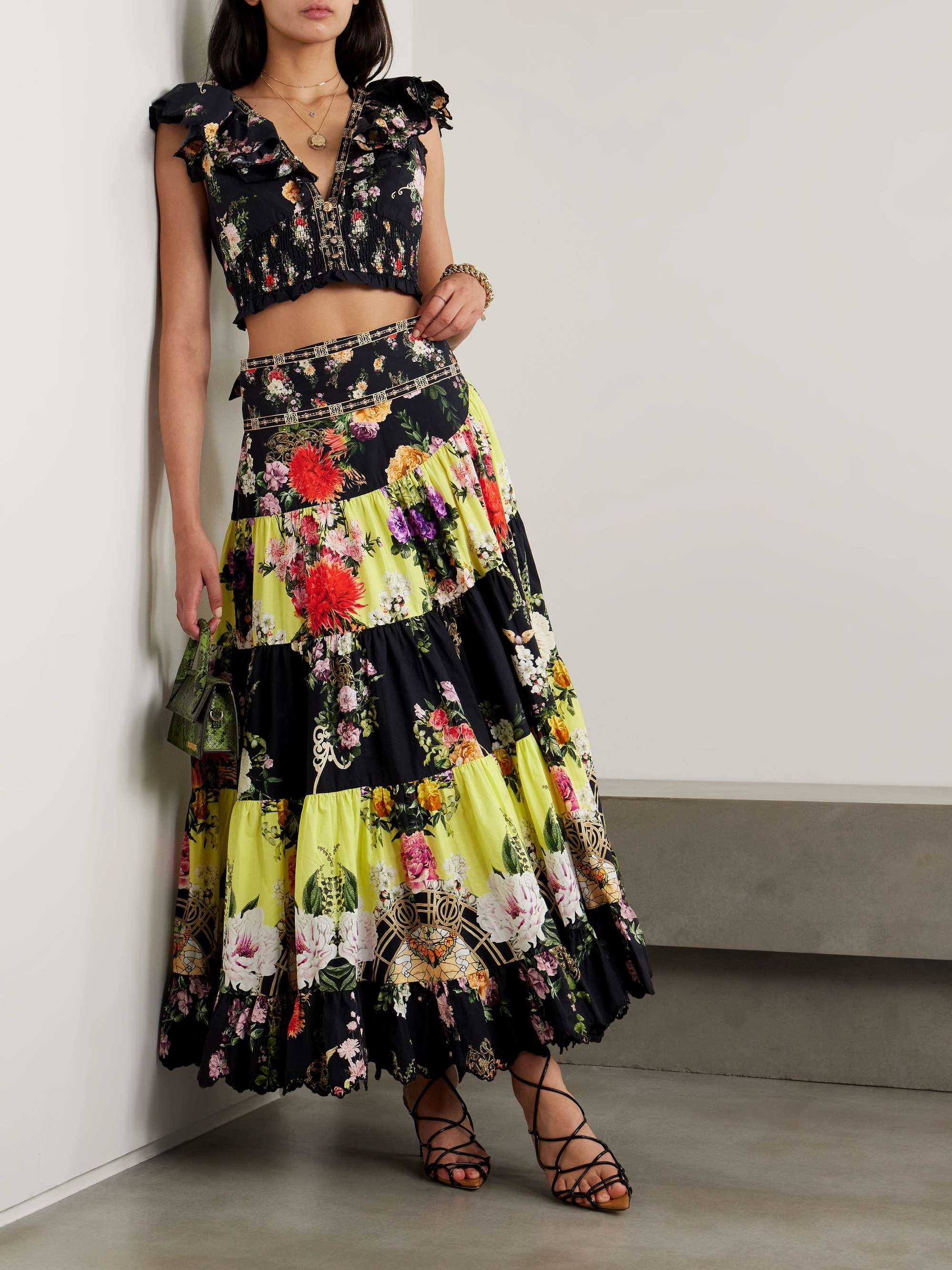 Tiered embellished floral-print organic cotton maxi wrap skirt view