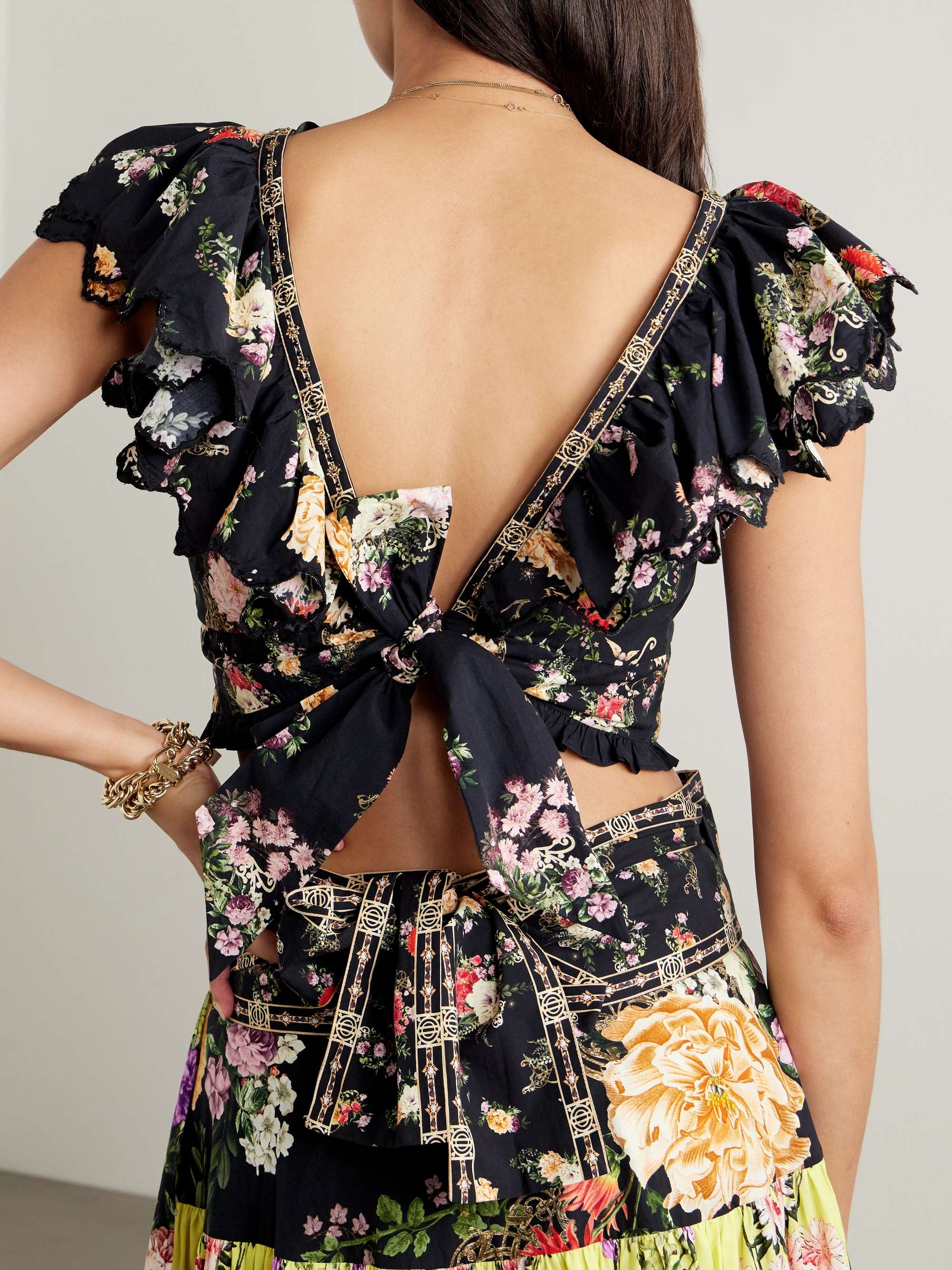 Embellished floral-print organic cotton top view