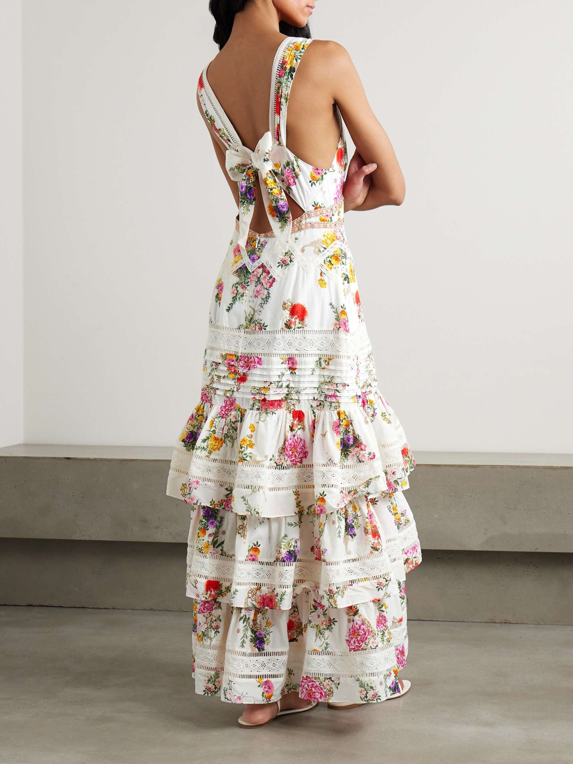 Embellished ruffled lace-trimmed floral-print cotton and silk-blend midi dress view