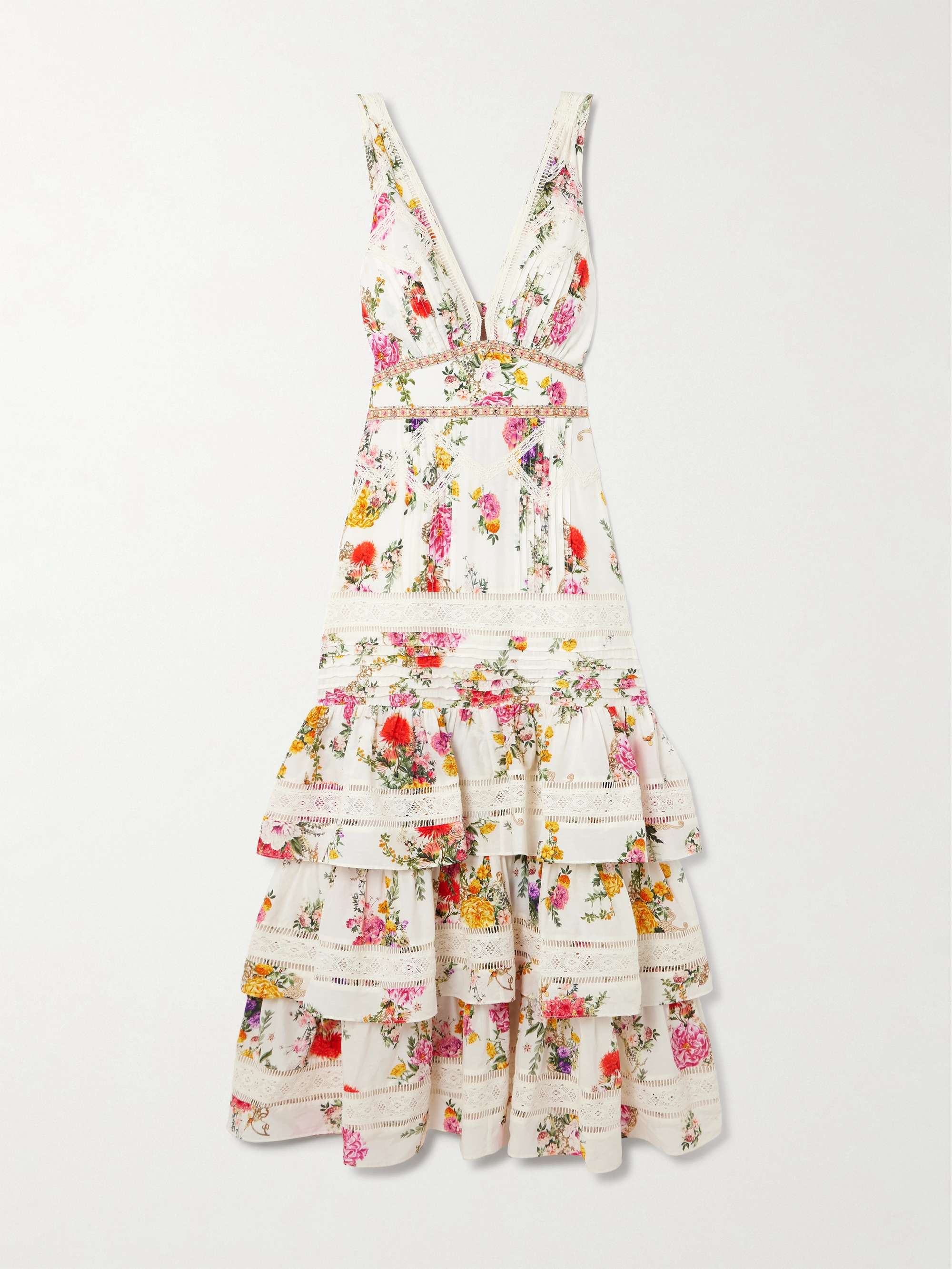 Embellished ruffled lace-trimmed floral-print cotton and silk-blend midi dress view