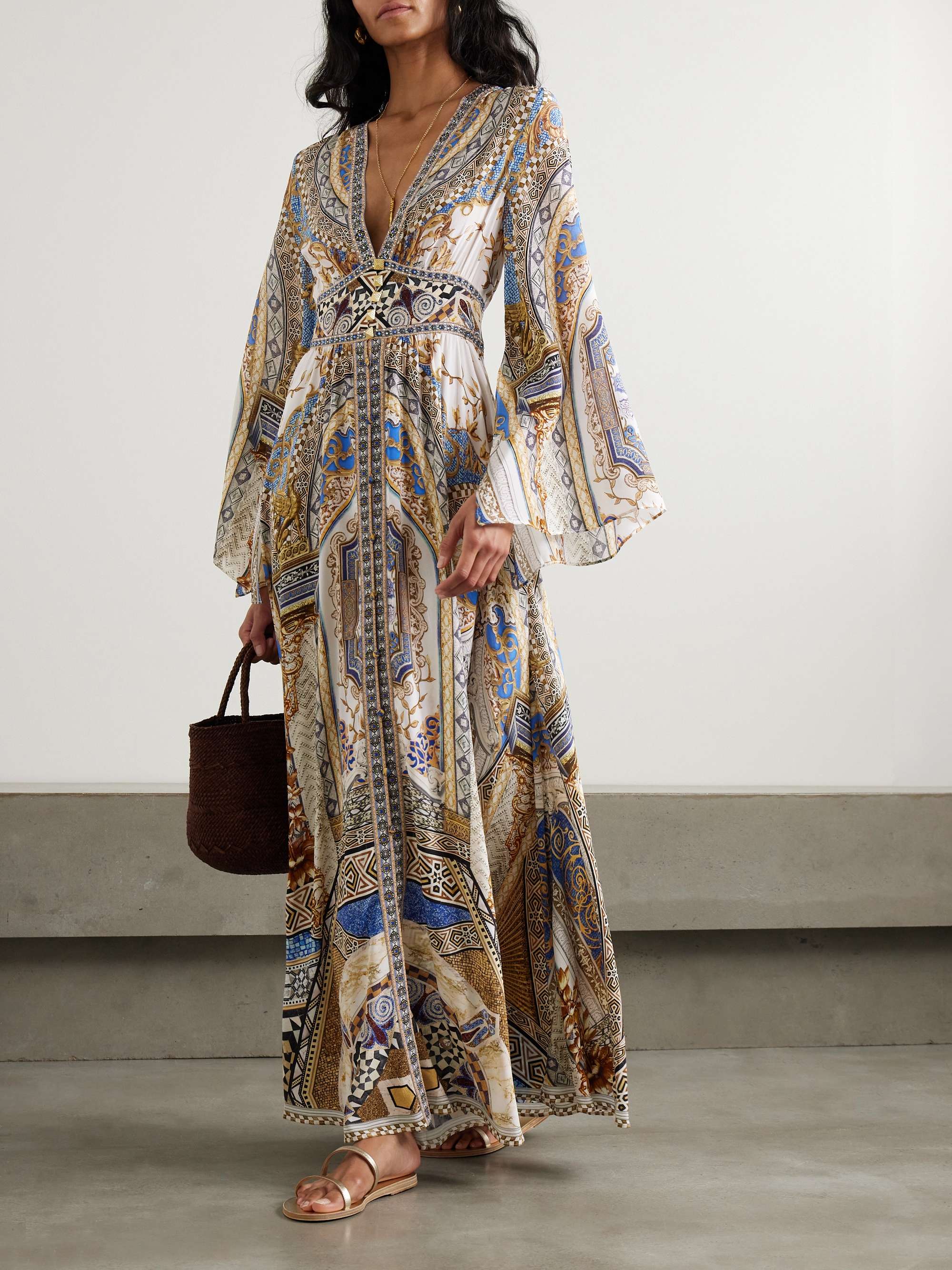 Embellished shirred printed silk-crepe maxi dress view