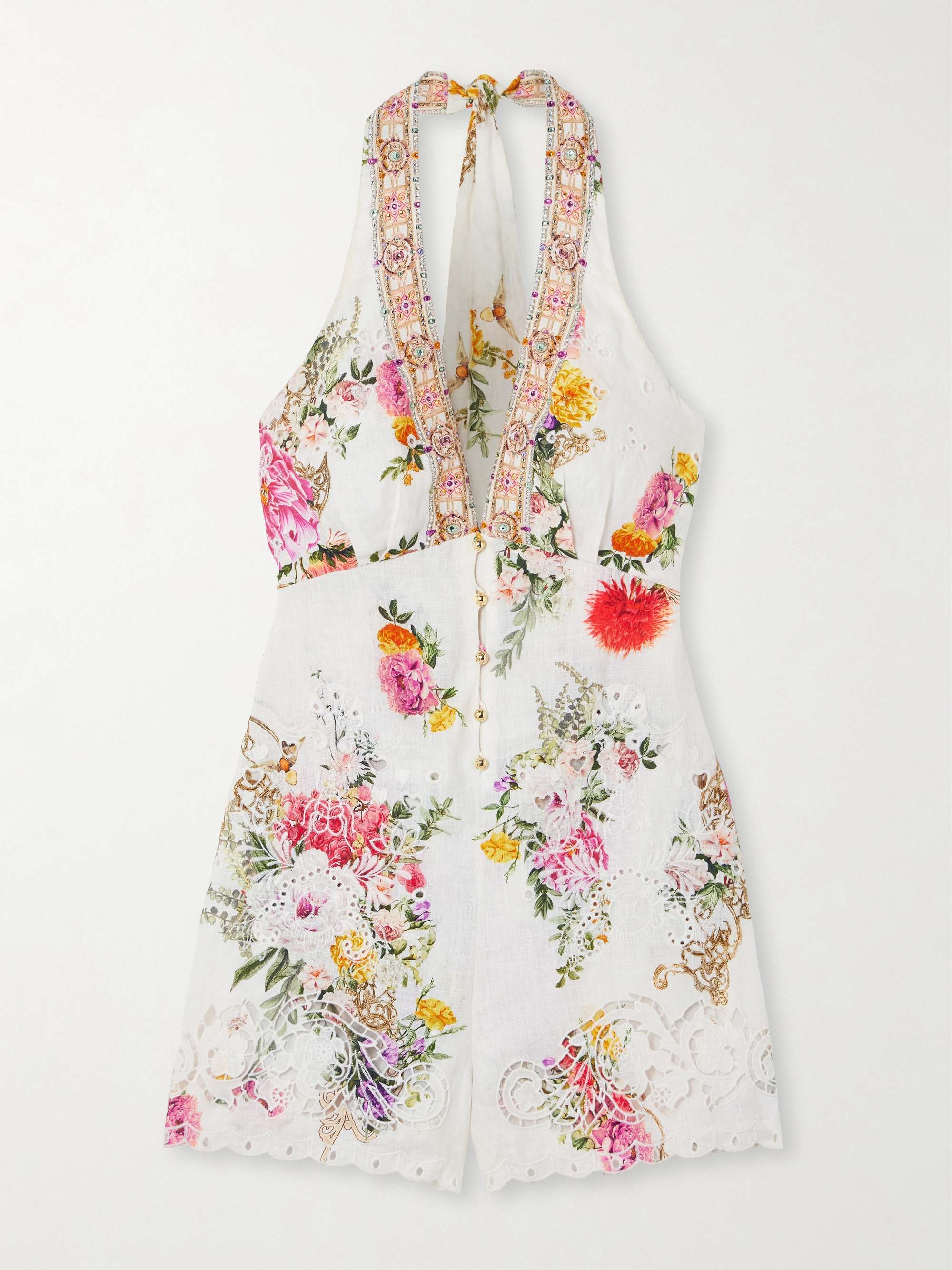 Embellished floral-print broderie anglaise linen halterneck playsuit view