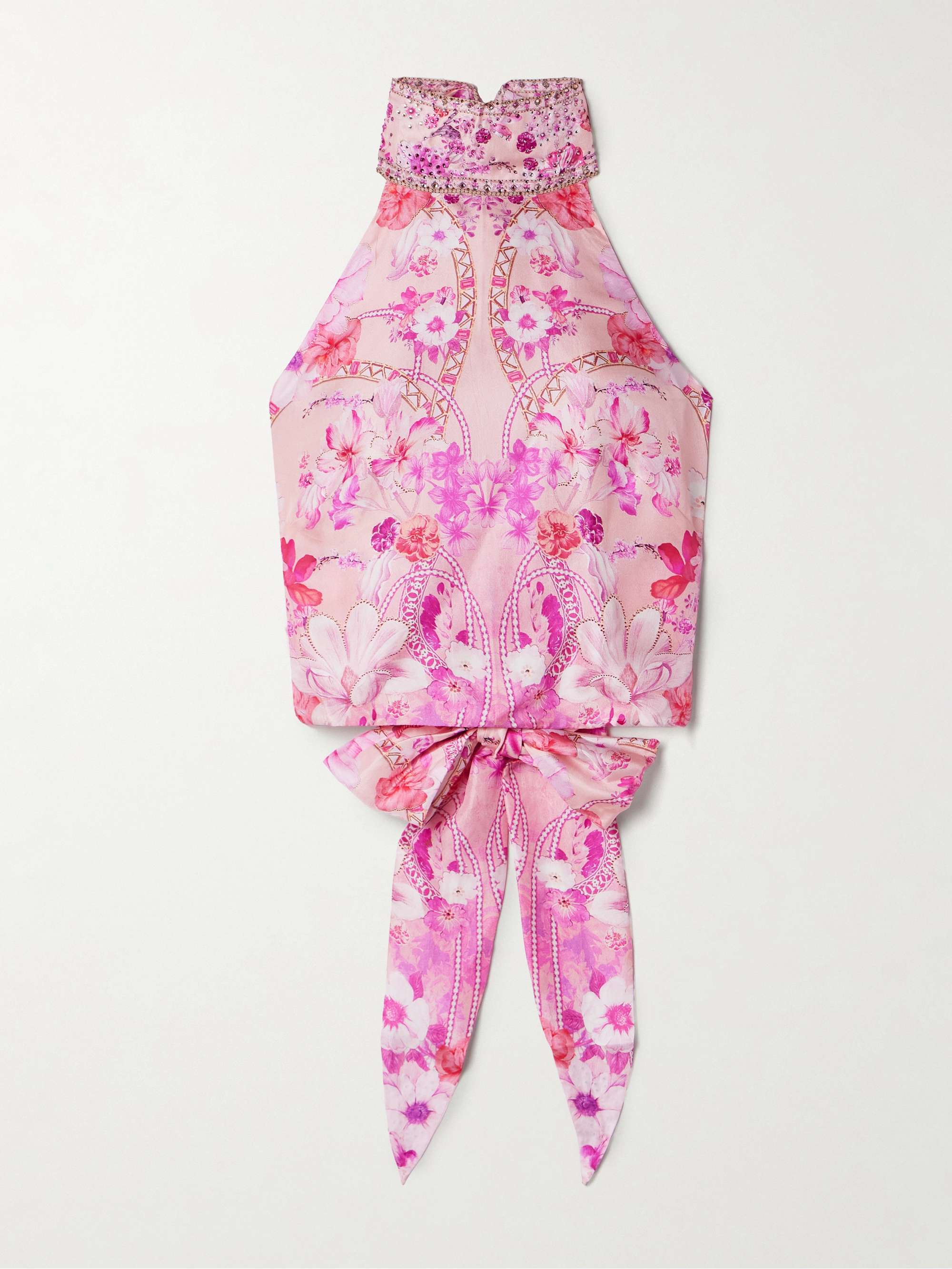 Cropped crystal-embellished printed silk halterneck top view