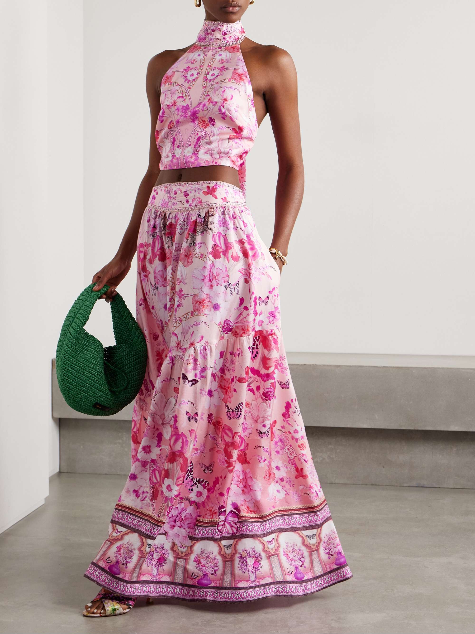 Cropped crystal-embellished printed silk halterneck top view