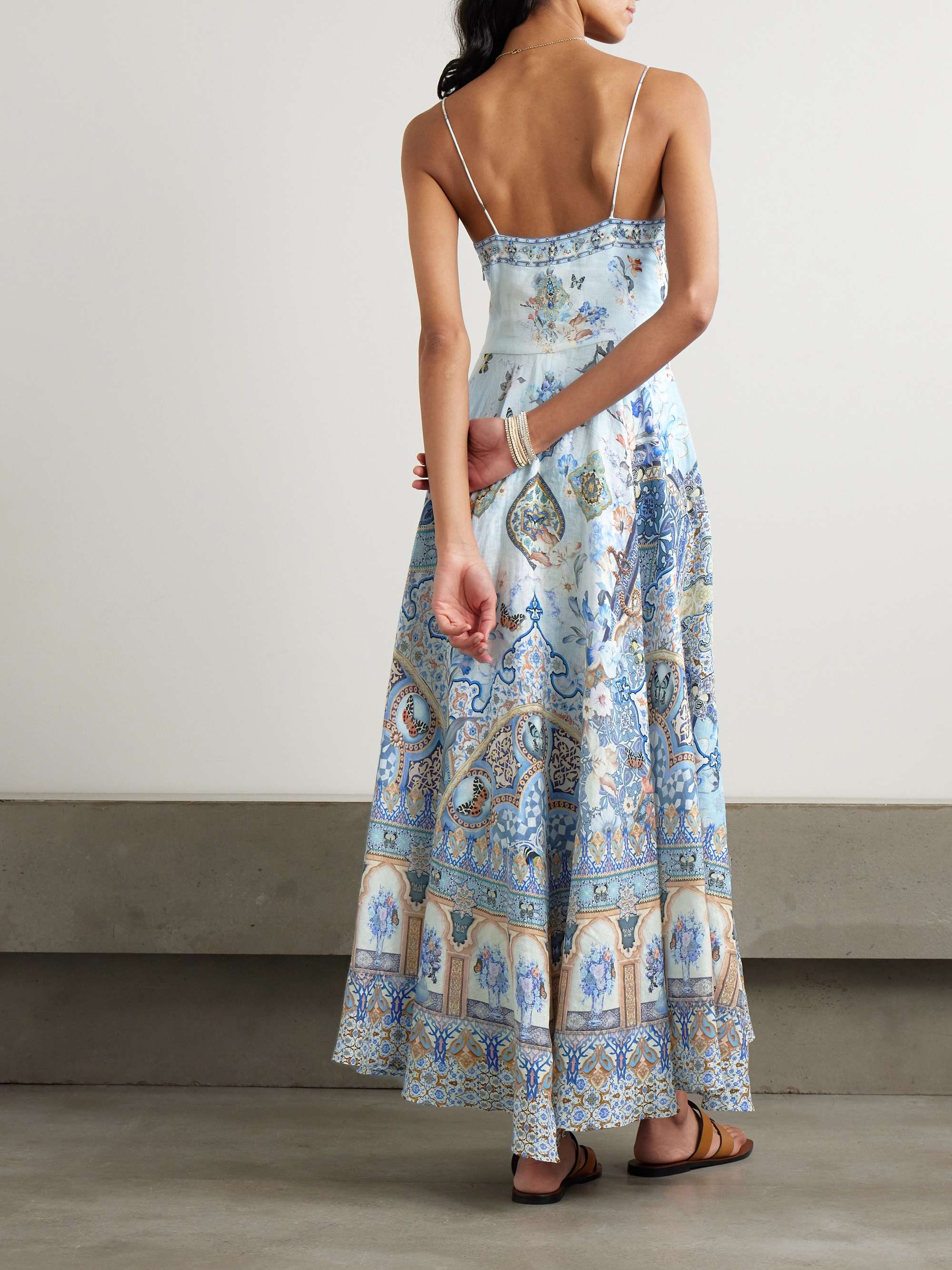 Tie-front crystal-embellished printed linen midi dress view