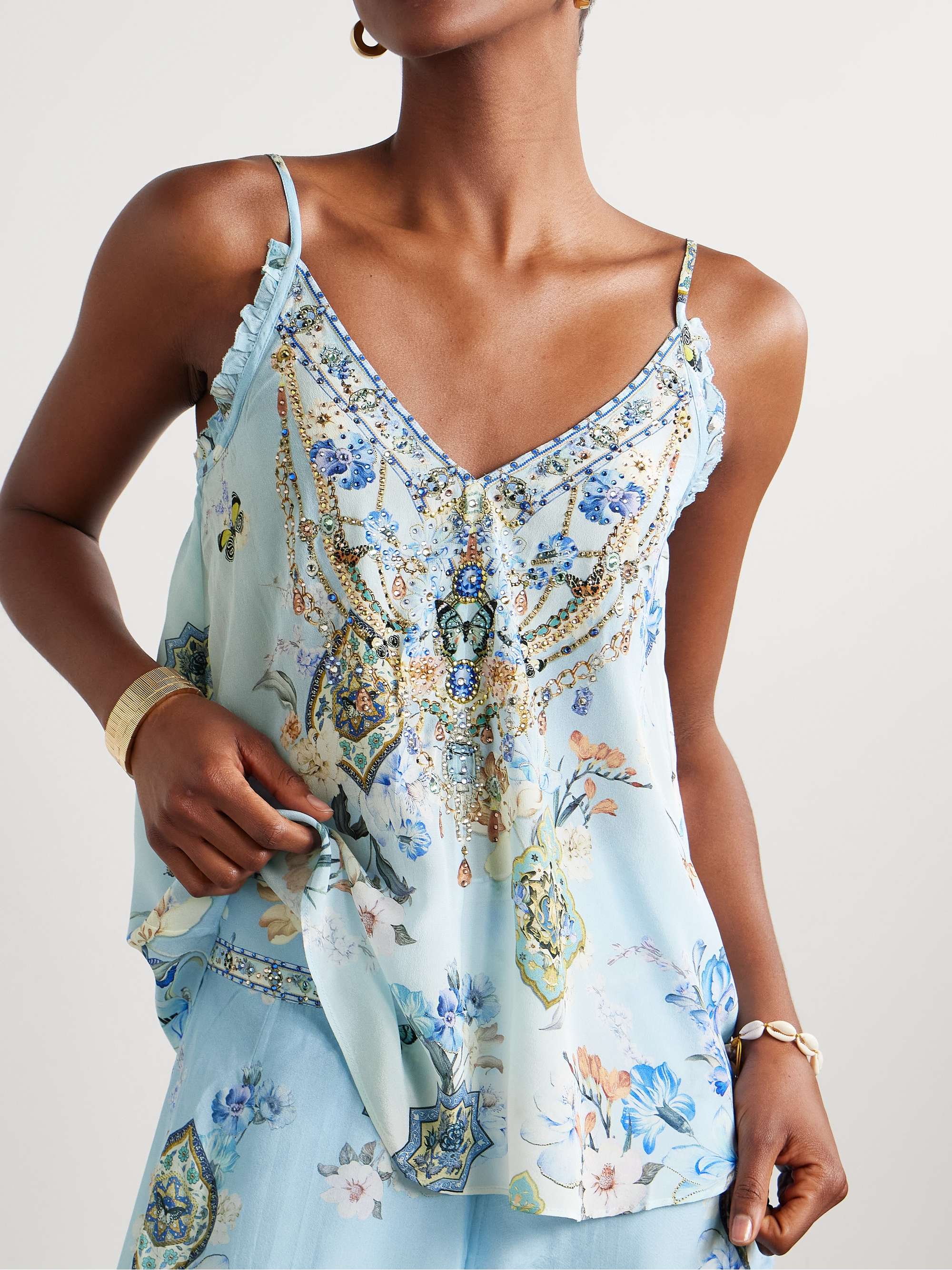 Crystal-embellished printed silk crepe de chine camisole view
