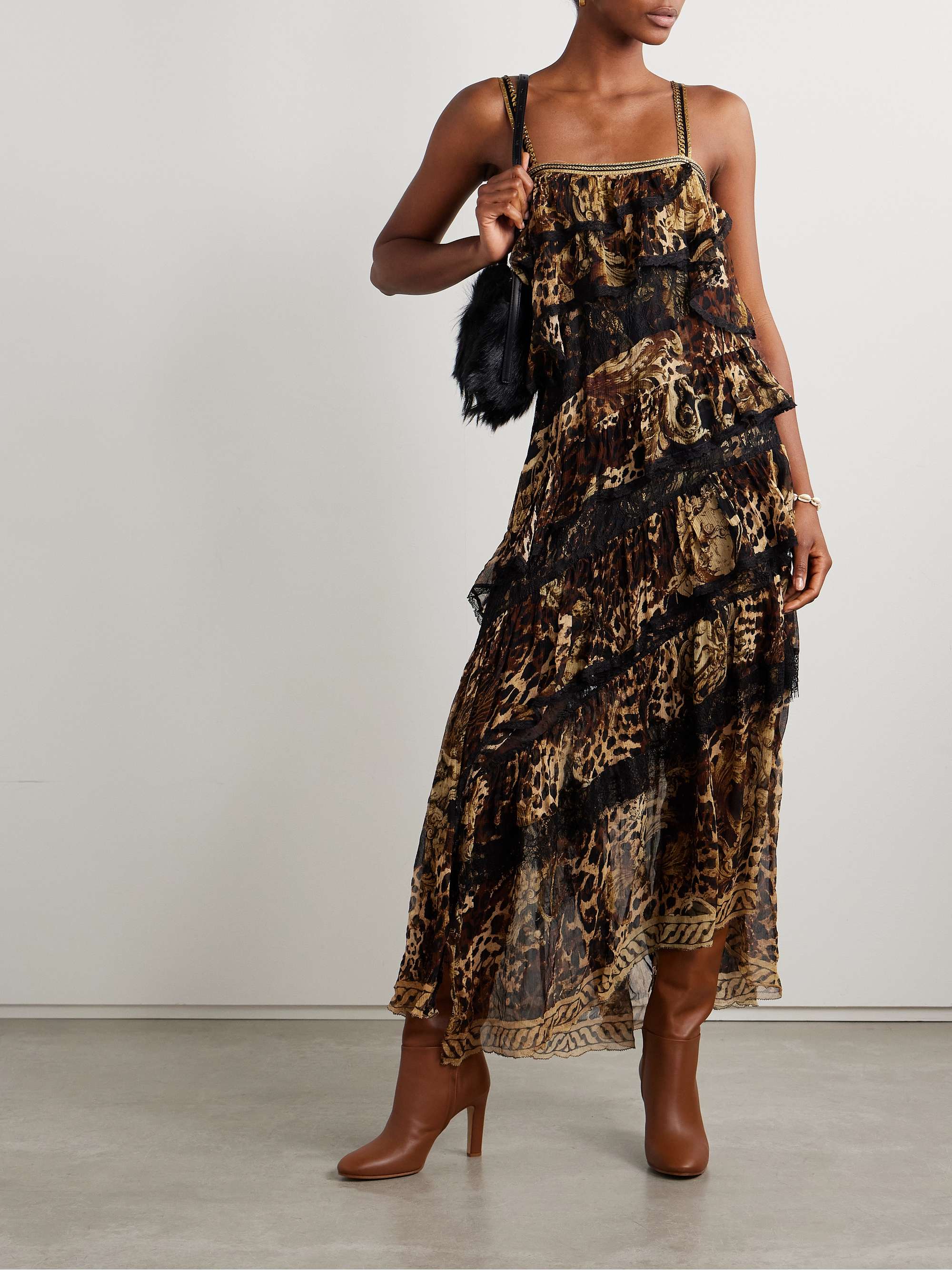 Tiered lace-trimmed crystal-embellished printed silk-crepon maxi dress view