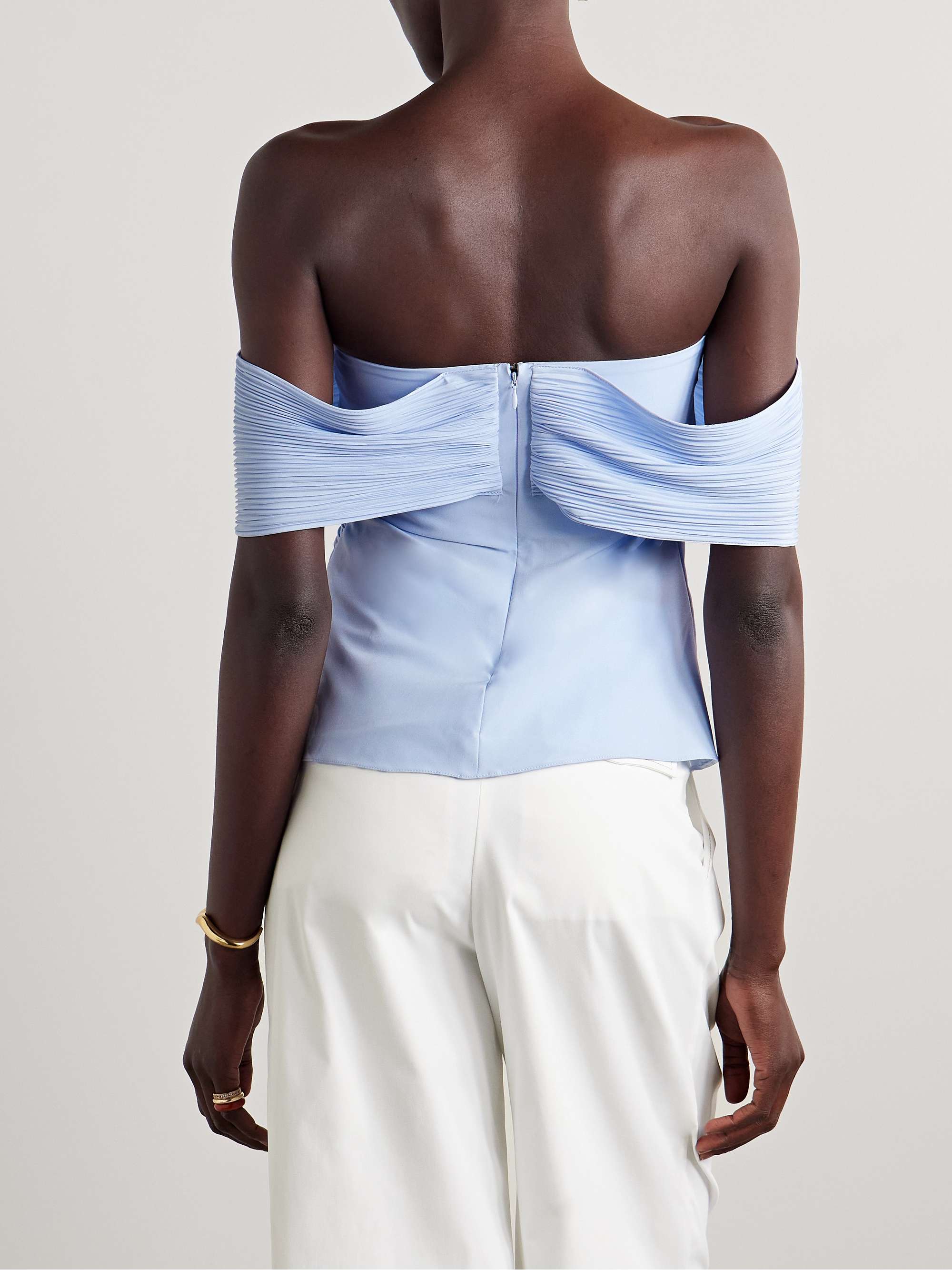 Penelope off-the-shoulder guipure lace-trimmed plissé-crepe de chine top view