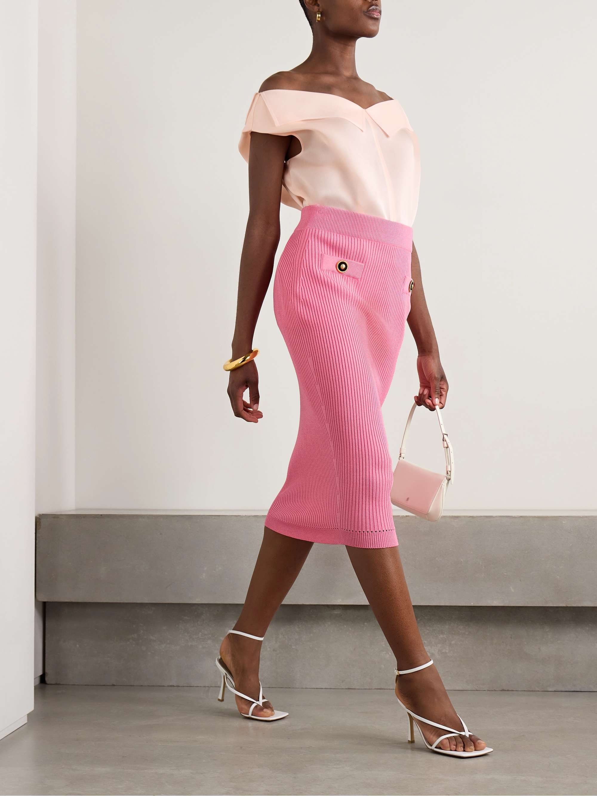 Button-embellished ribbed-knit midi skirt view