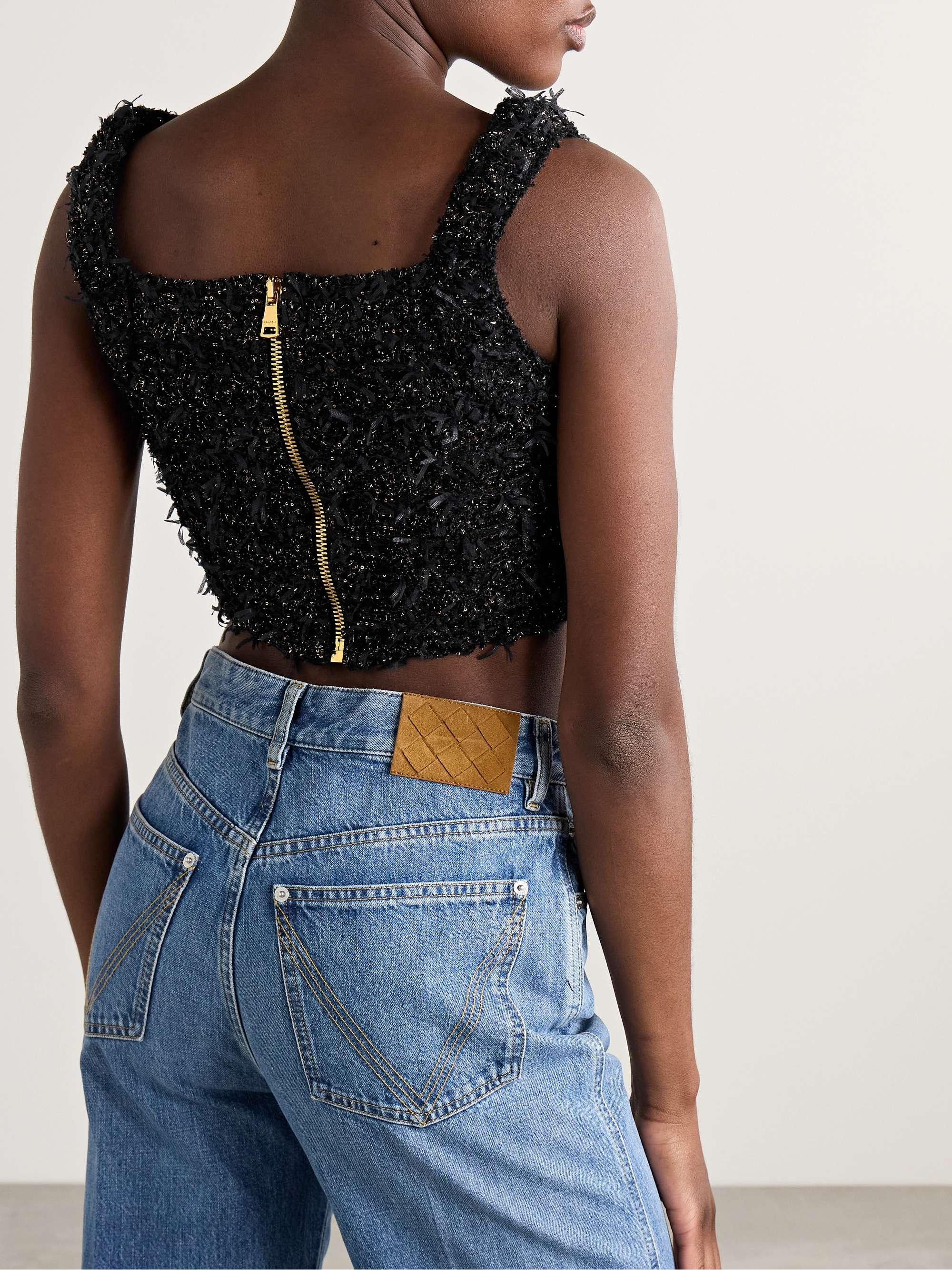 Cropped button-embellished sequined metallic bouclé-tweed top view