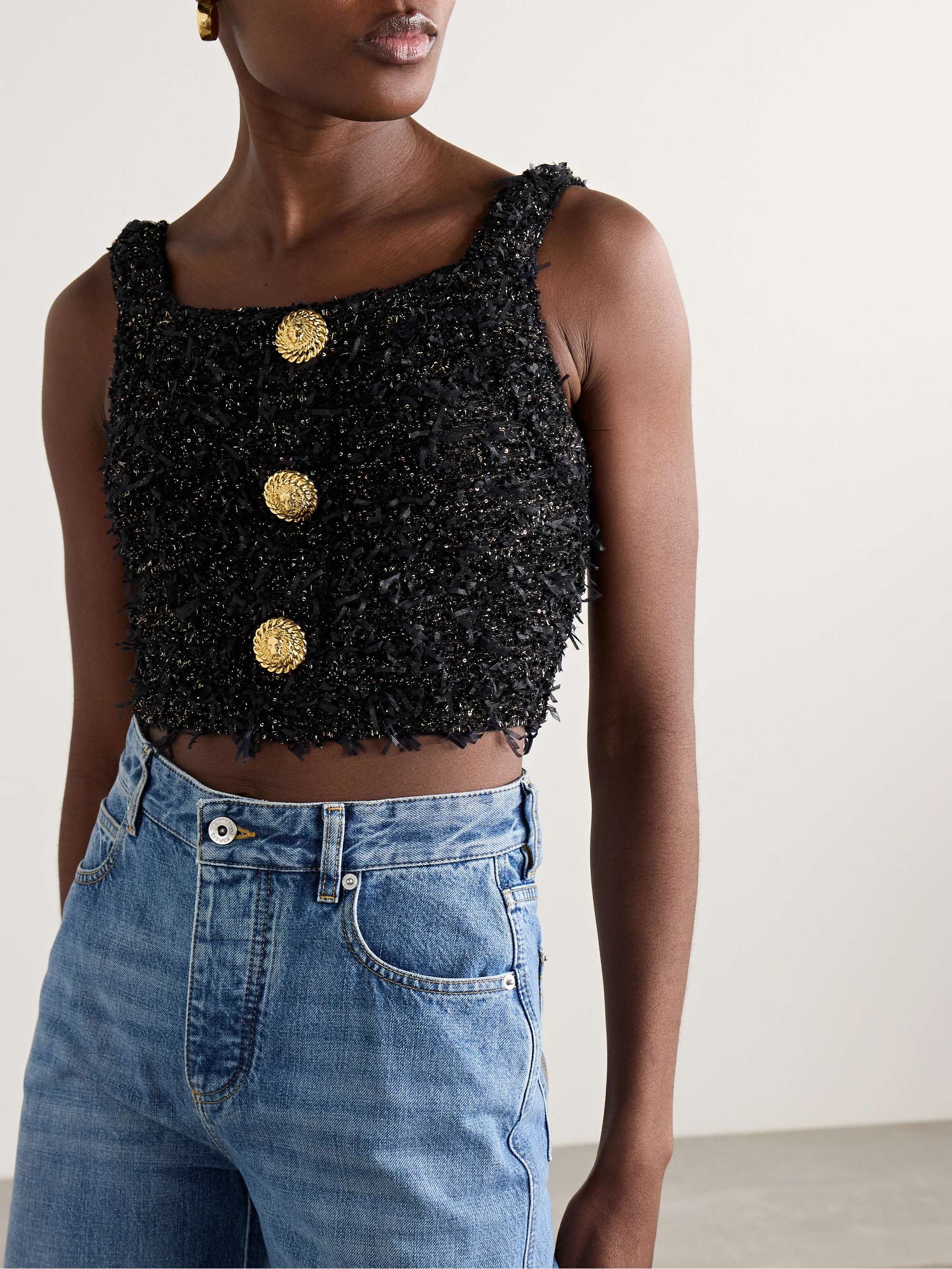 Cropped button-embellished sequined metallic bouclé-tweed top view