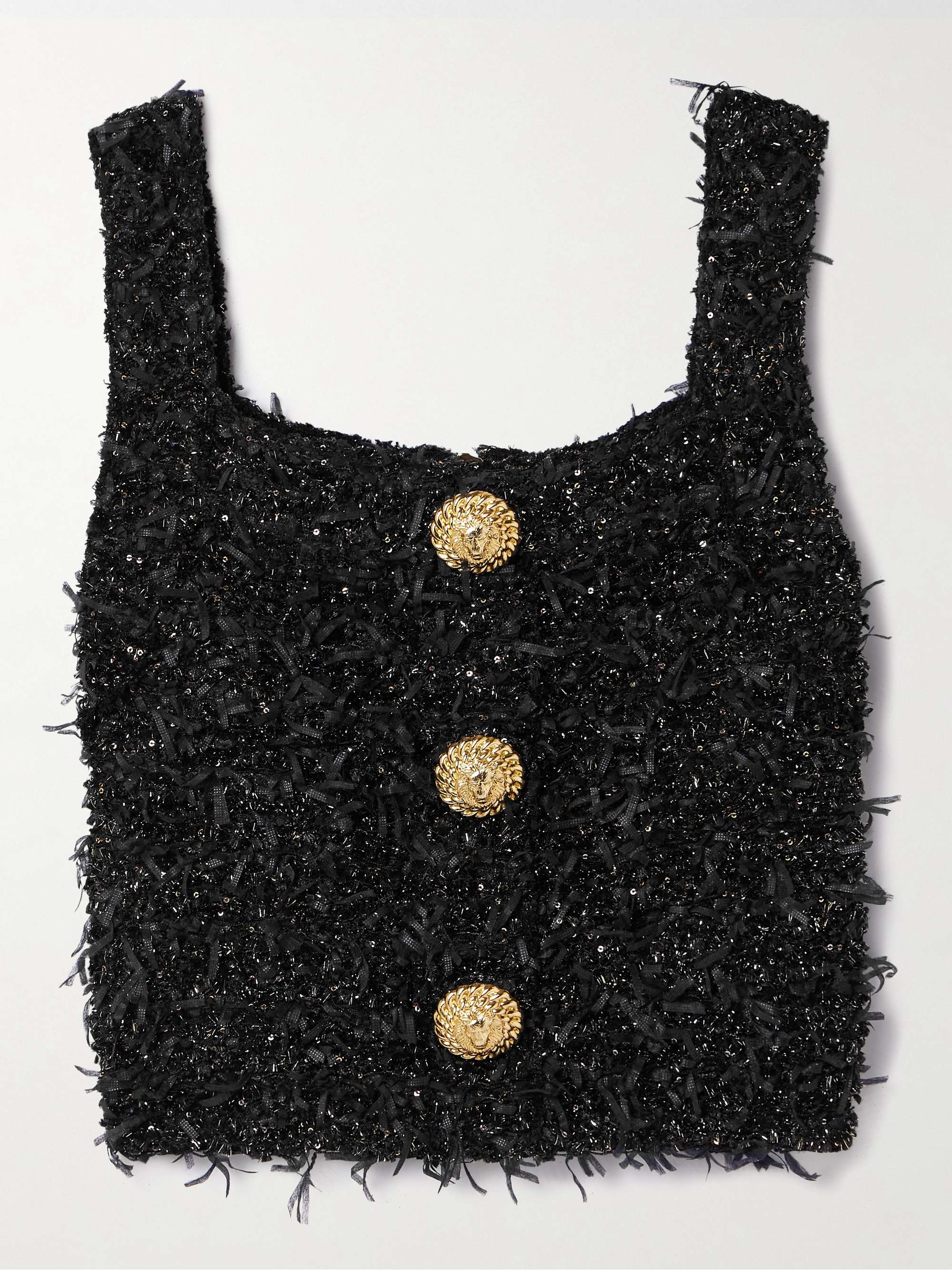 Cropped button-embellished sequined metallic bouclé-tweed top view