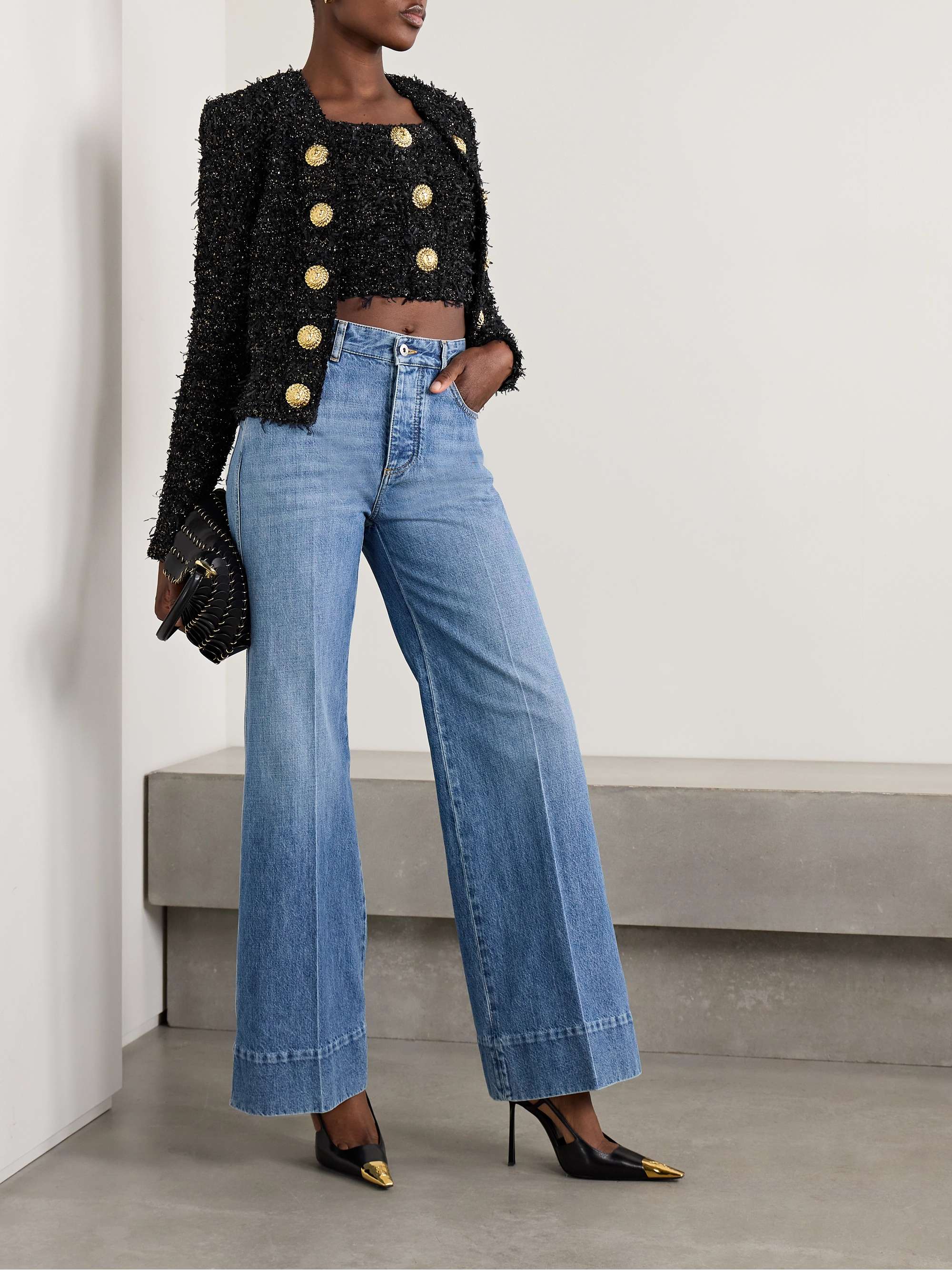 Cropped button-embellished sequined metallic bouclé-tweed top view