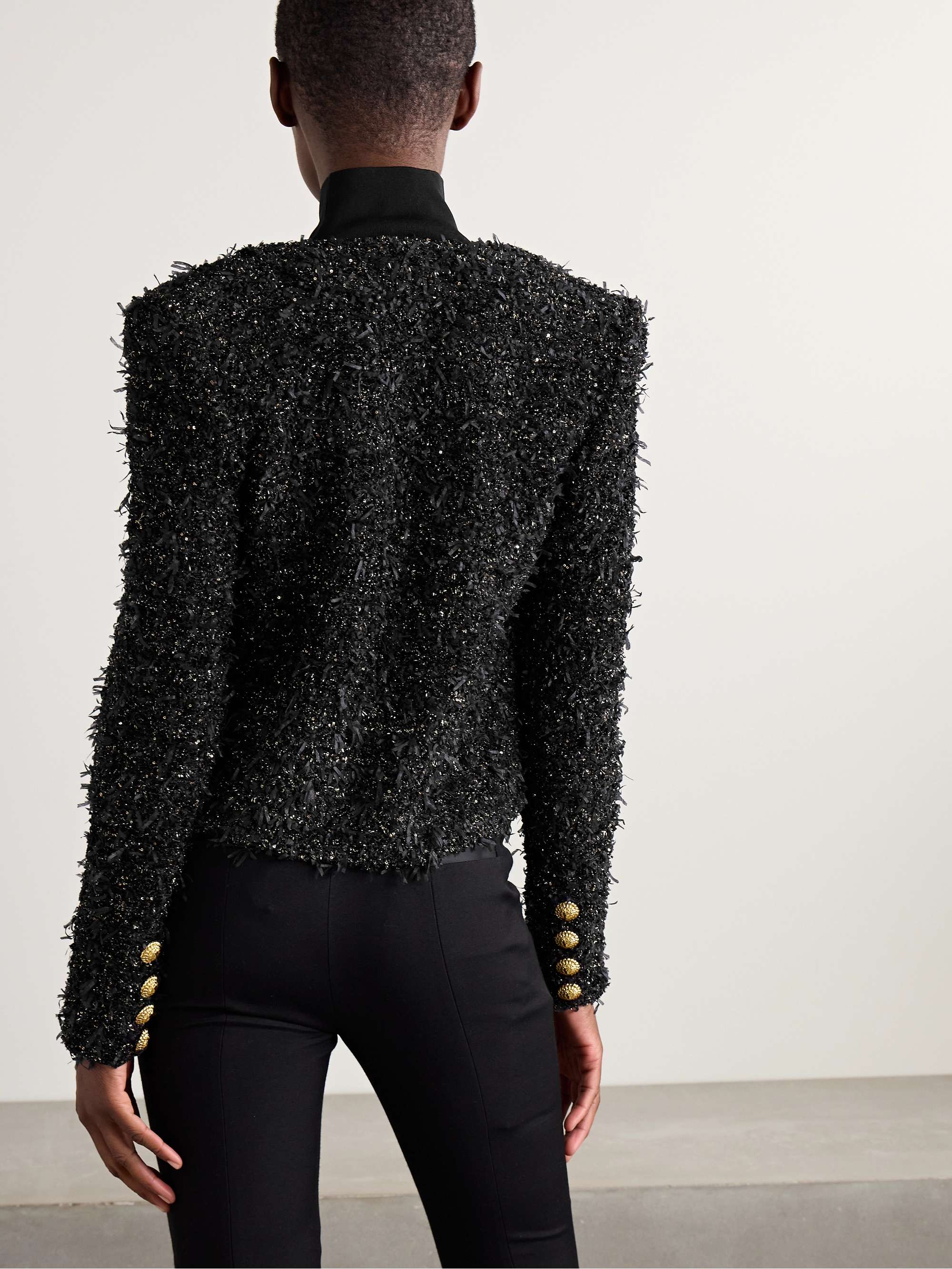 Button-embellished sequined metallic bouclé-tweed jacket view
