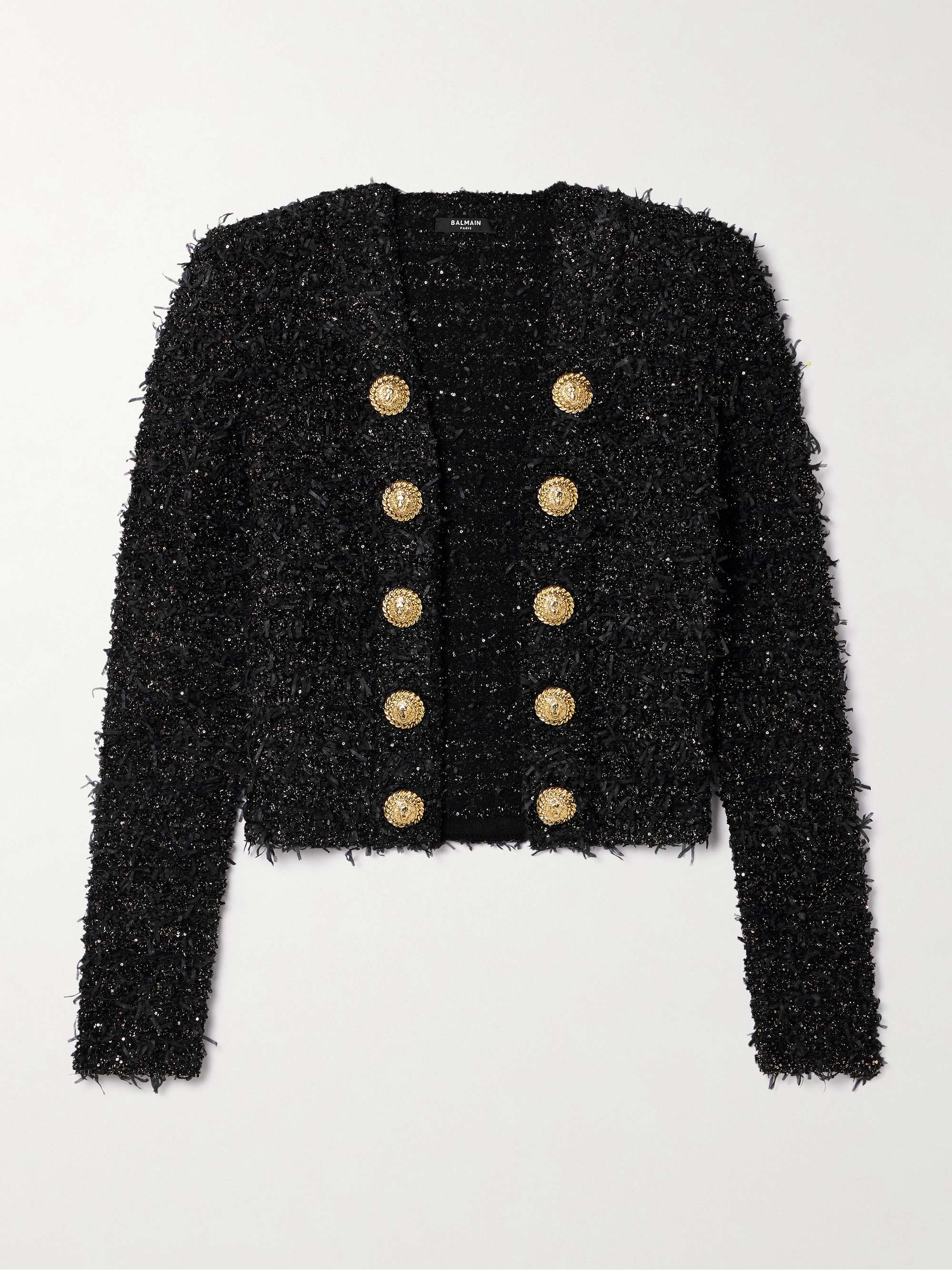 Button-embellished sequined metallic bouclé-tweed jacket view