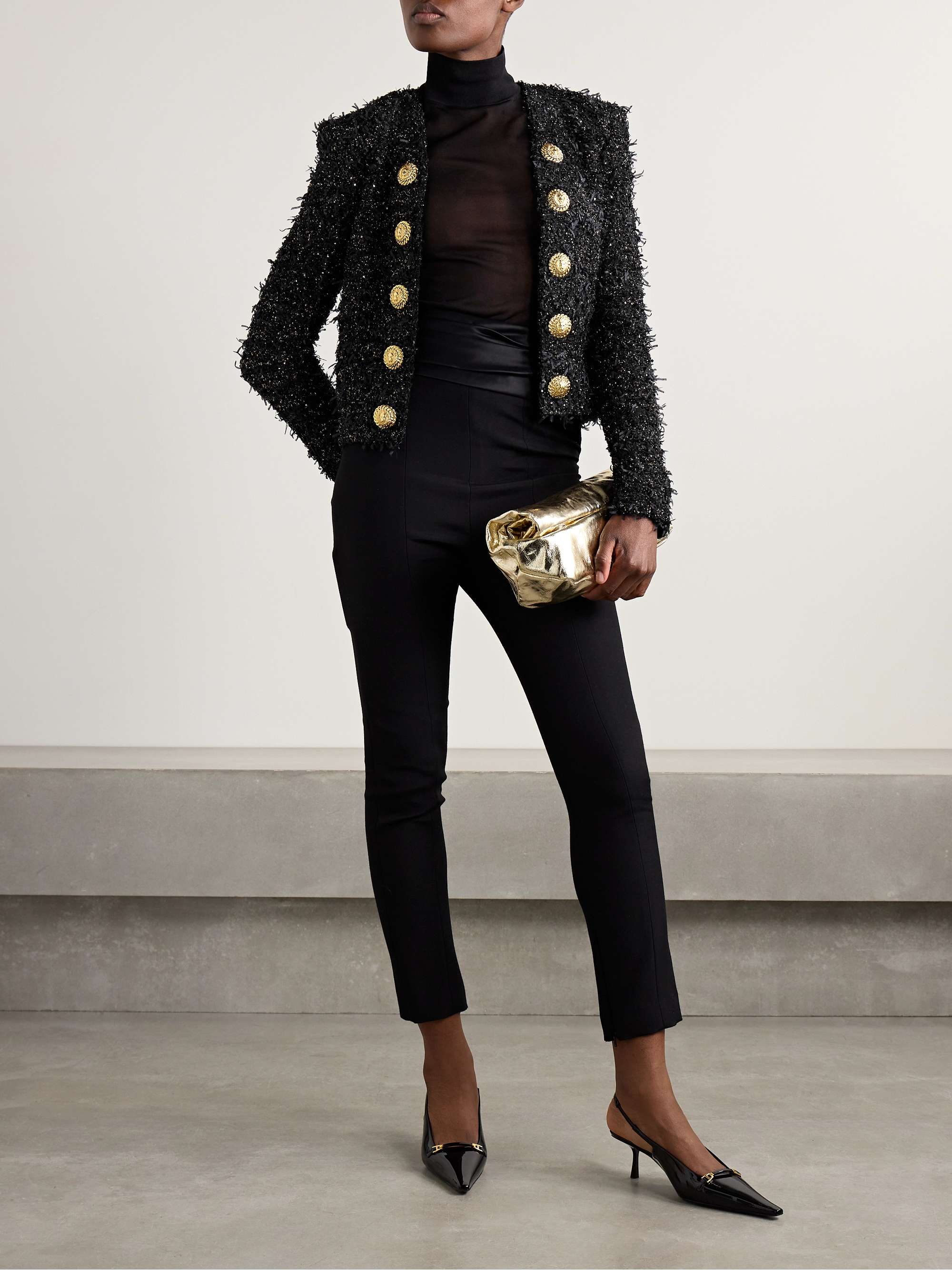 Button-embellished sequined metallic bouclé-tweed jacket view