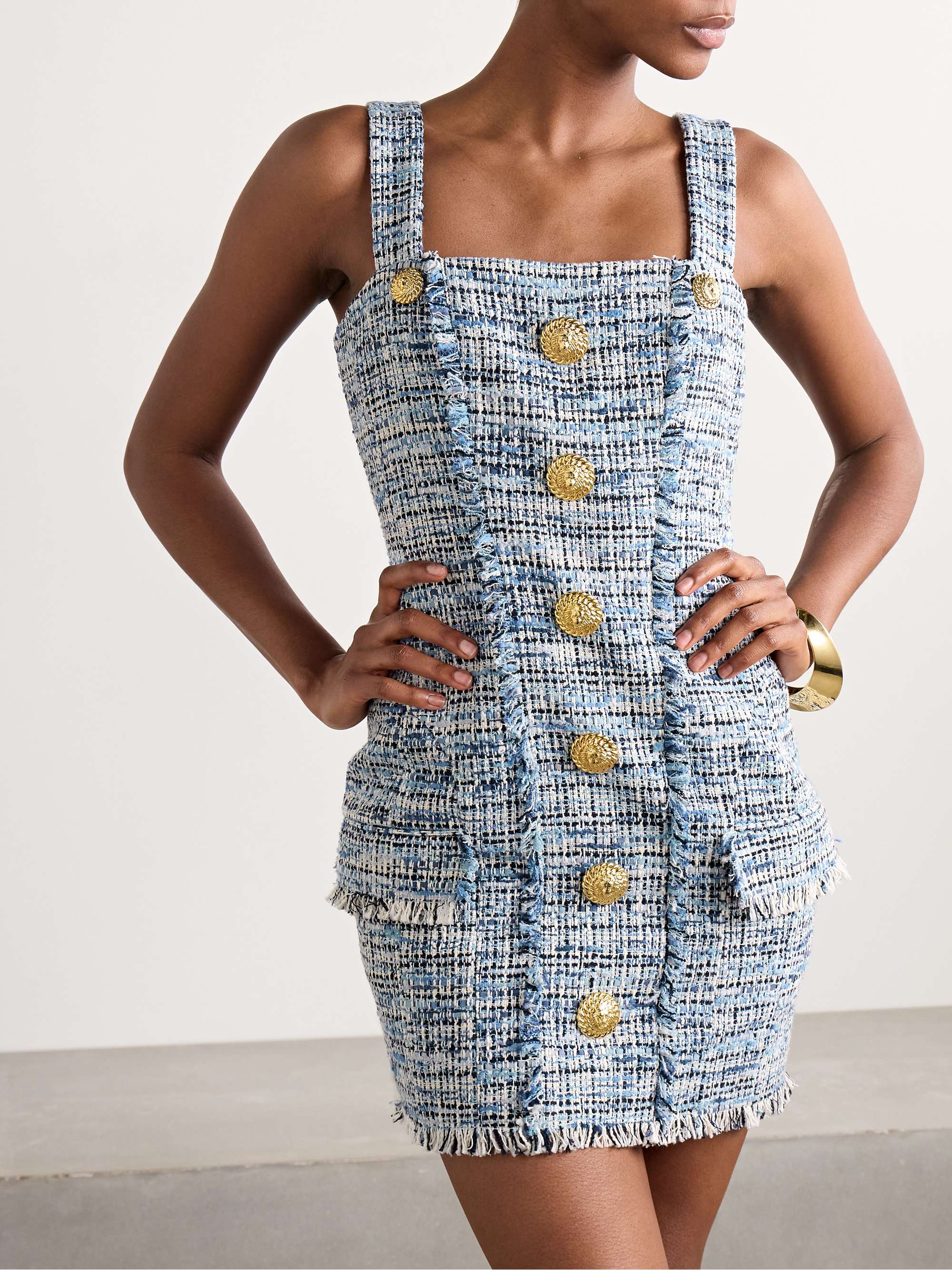 Button-embellished frayed cotton-blend tweed mini dress view