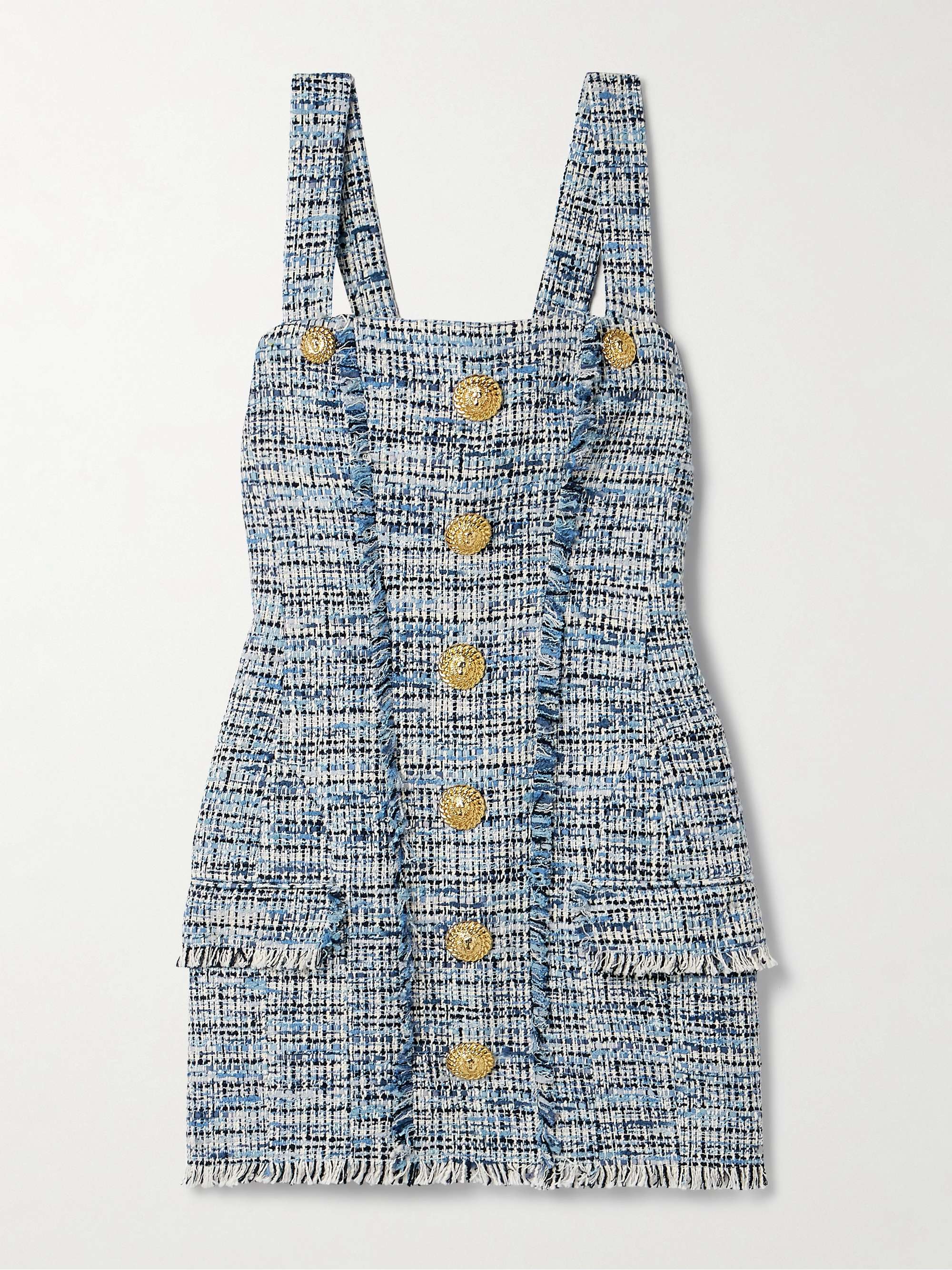 Button-embellished frayed cotton-blend tweed mini dress view