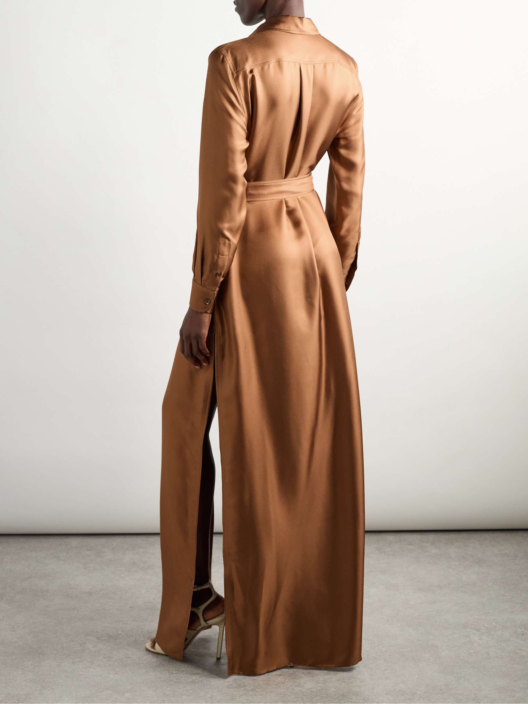 Belted silk-twill maxi shirt dress view